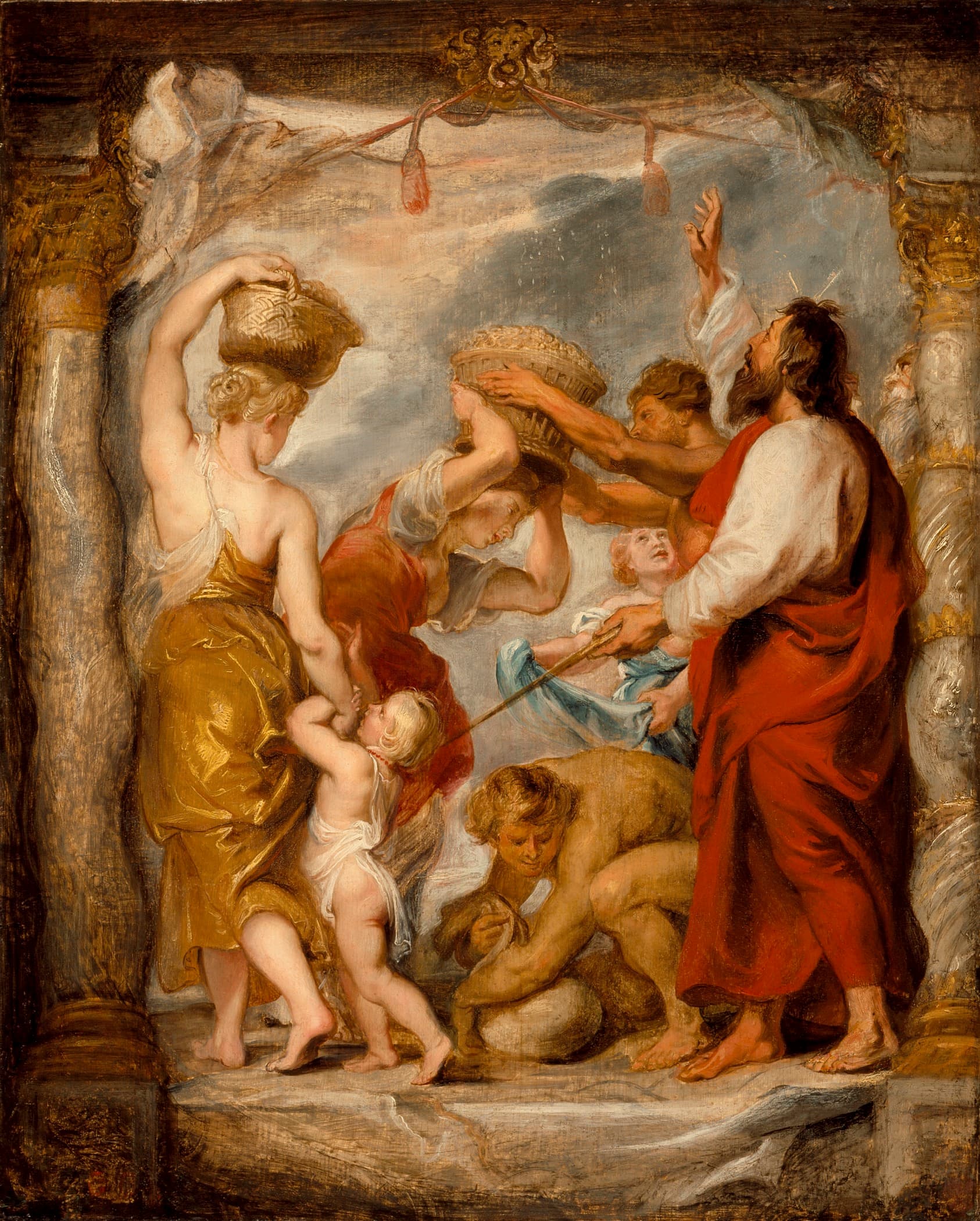 Between two twisted columns under a looped curtain, women lift baskets above their heads to catch the manna falling from a cloudy sky, a man stoops to fill a sack at their feet and a small child clings to a woman's robe, while Moses in a red cloak raises one hand toward heaven and holds a rod in the other.