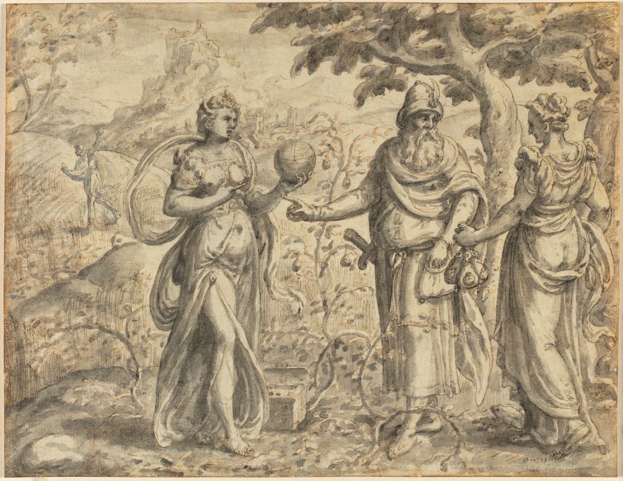 A pen and wash drawing of a crowned woman holding a globe, facing a bearded old man in a turban with a sword and purses at his belt, while a woman behind him holds money bags; thorny stems wind around their feet, and a sower scatters seed in a field behind them.