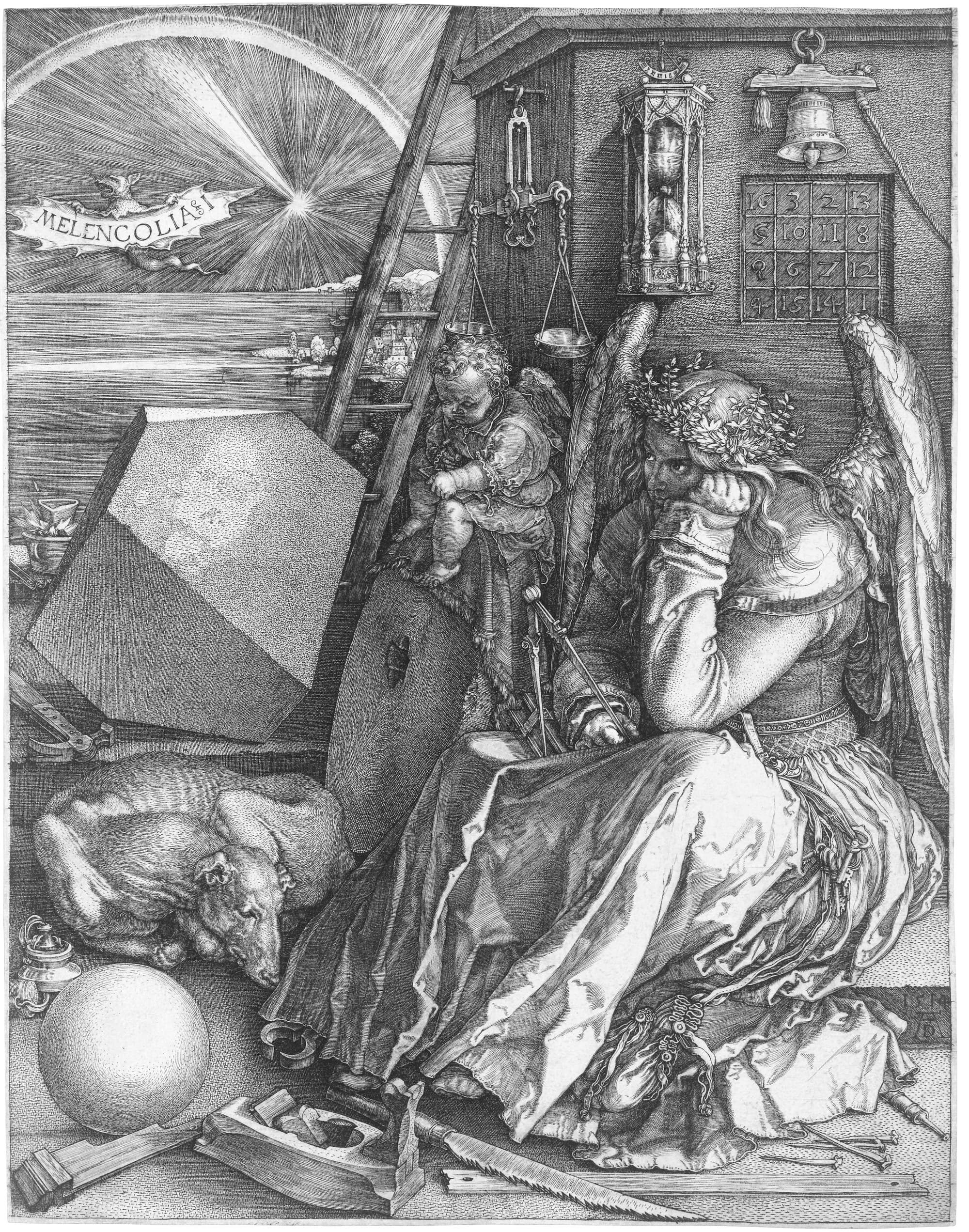 An engraving of a winged woman sitting on a step with her cheek resting on her fist and a compass in her other hand, while a small winged child writes beside her, a thin dog sleeps at her feet, and tools, a sphere and a great stone block lie about. An hourglass, a bell, a pair of scales and a square of numbers hang on the wall behind her, and a ladder leans against it under a sky with a comet and a rainbow.