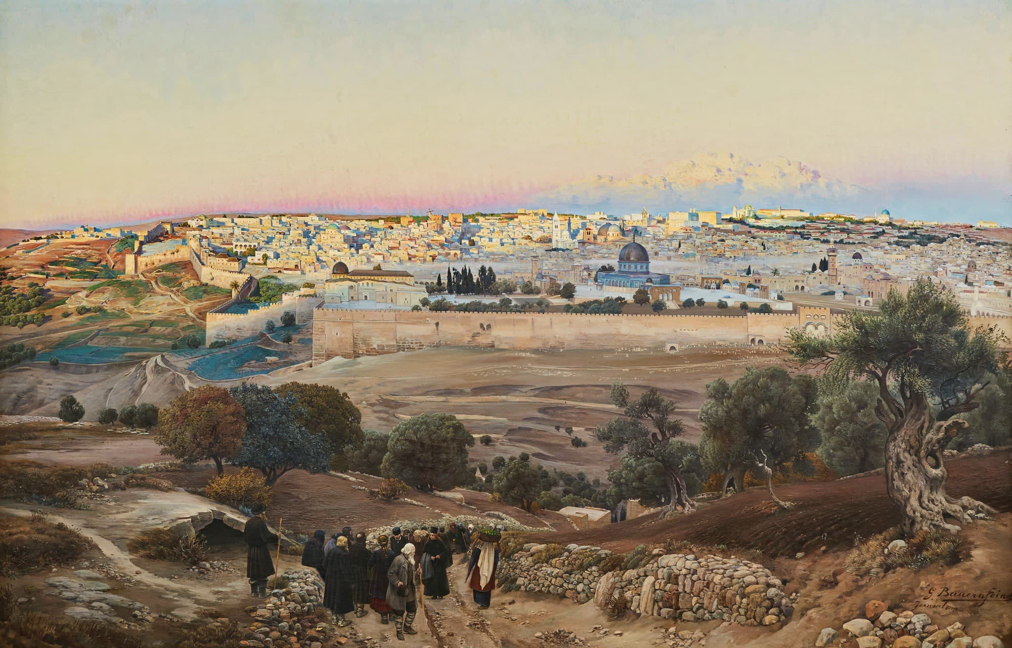 Jerusalem seen at sunrise from the Mount of Olives, with the long wall of the temple platform and its domes in the middle distance, the slope of the old city running down to the left, and a group of pilgrims walking down a stony path among olive trees in the foreground.