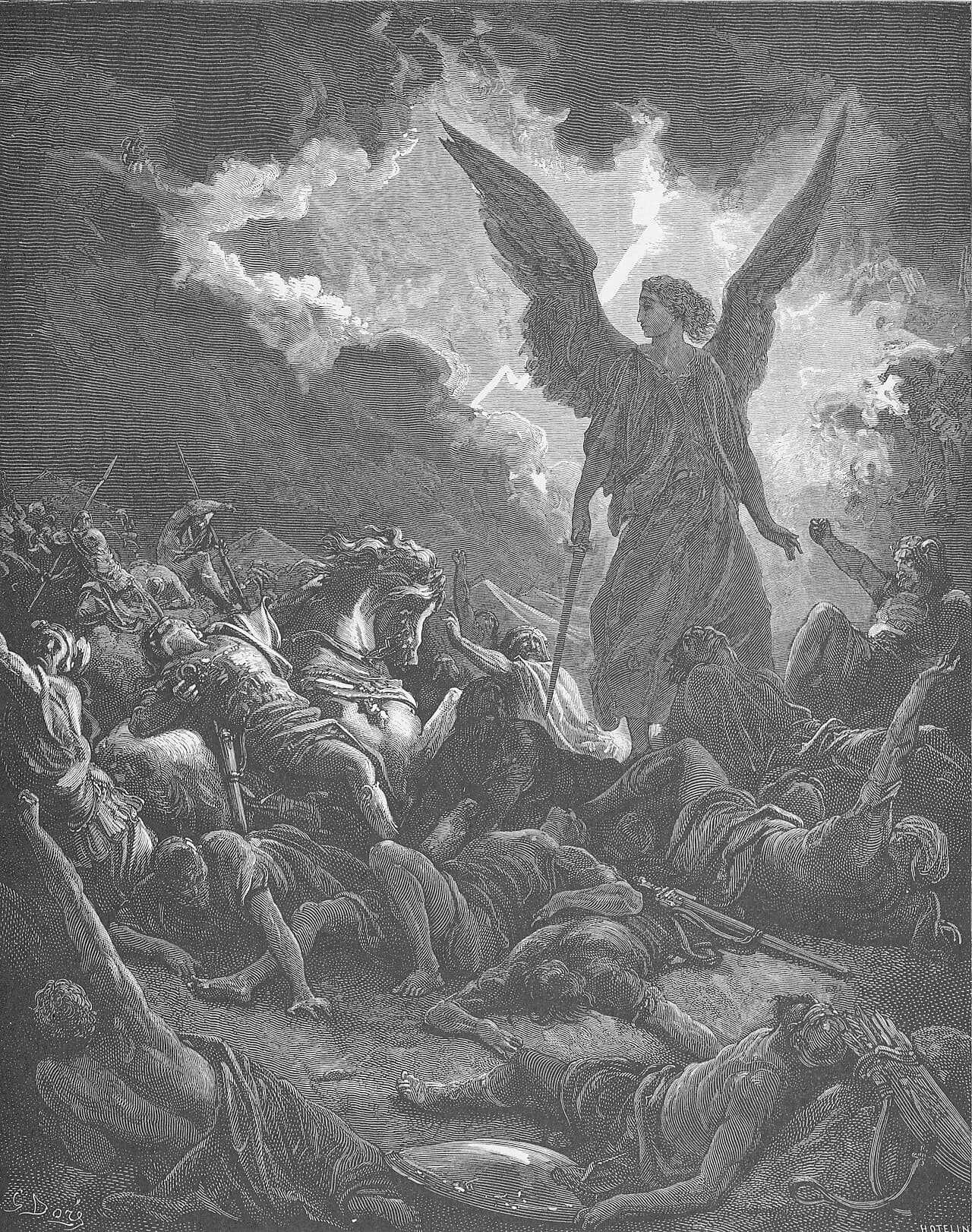 An engraving of a winged angel with a drawn sword standing in a storm of light over a field of fallen Assyrian soldiers and horses.