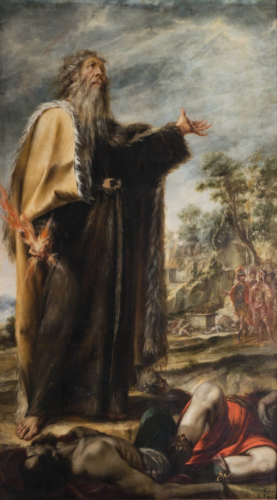 A bearded prophet in a brown robe and yellow cloak holds a flaming sword low at his side, two slain men at his feet and soldiers near an altar under a stormy sky behind him.