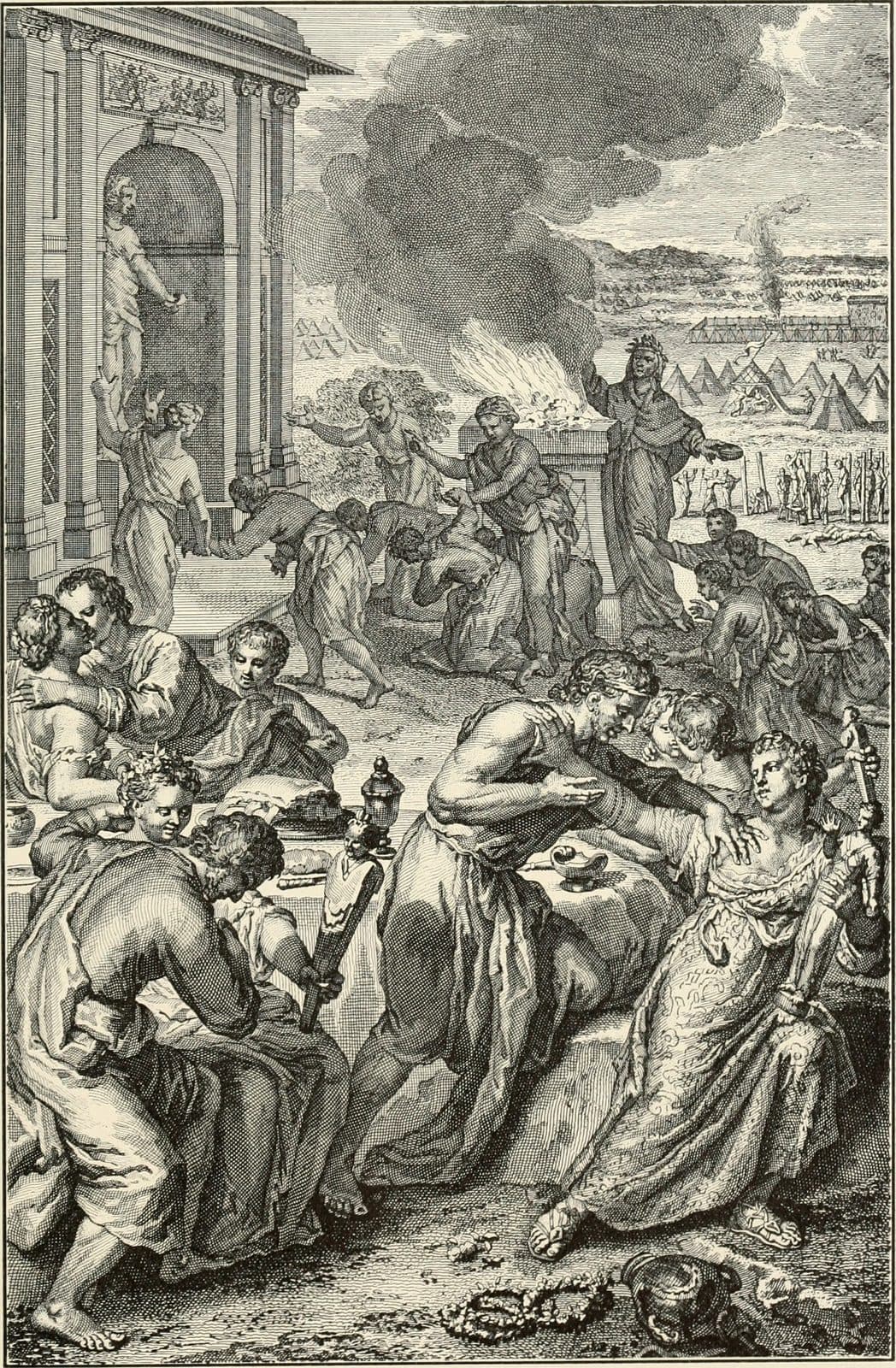 An engraving of Israelite men feasting and embracing Moabite women at a table in the foreground, while behind them people bow before an altar fire and a statue in a temple doorway, with the tents of the camp and a row of men on posts in the distance.
