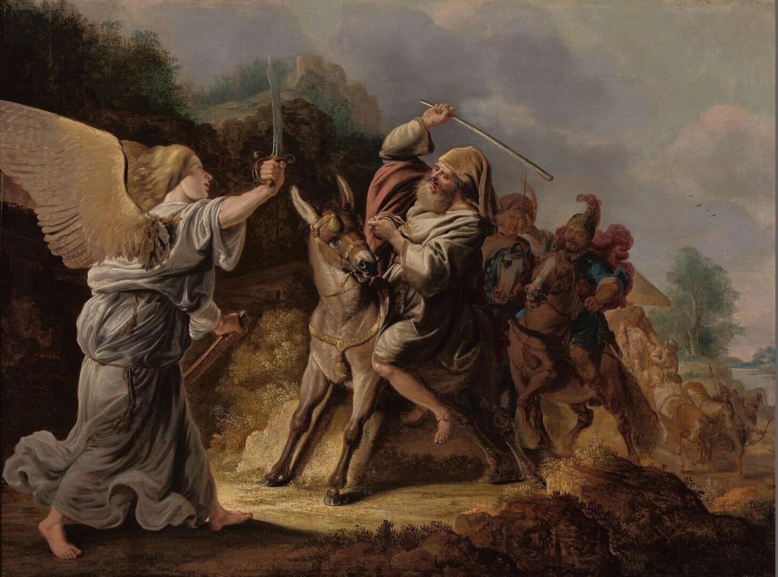 A winged angel in a grey robe raises a curved sword at the left of a rocky road. Balaam, an old bearded man on a rearing donkey, lifts a stick to beat her, and two riders in helmets follow him on horseback with a baggage train behind.