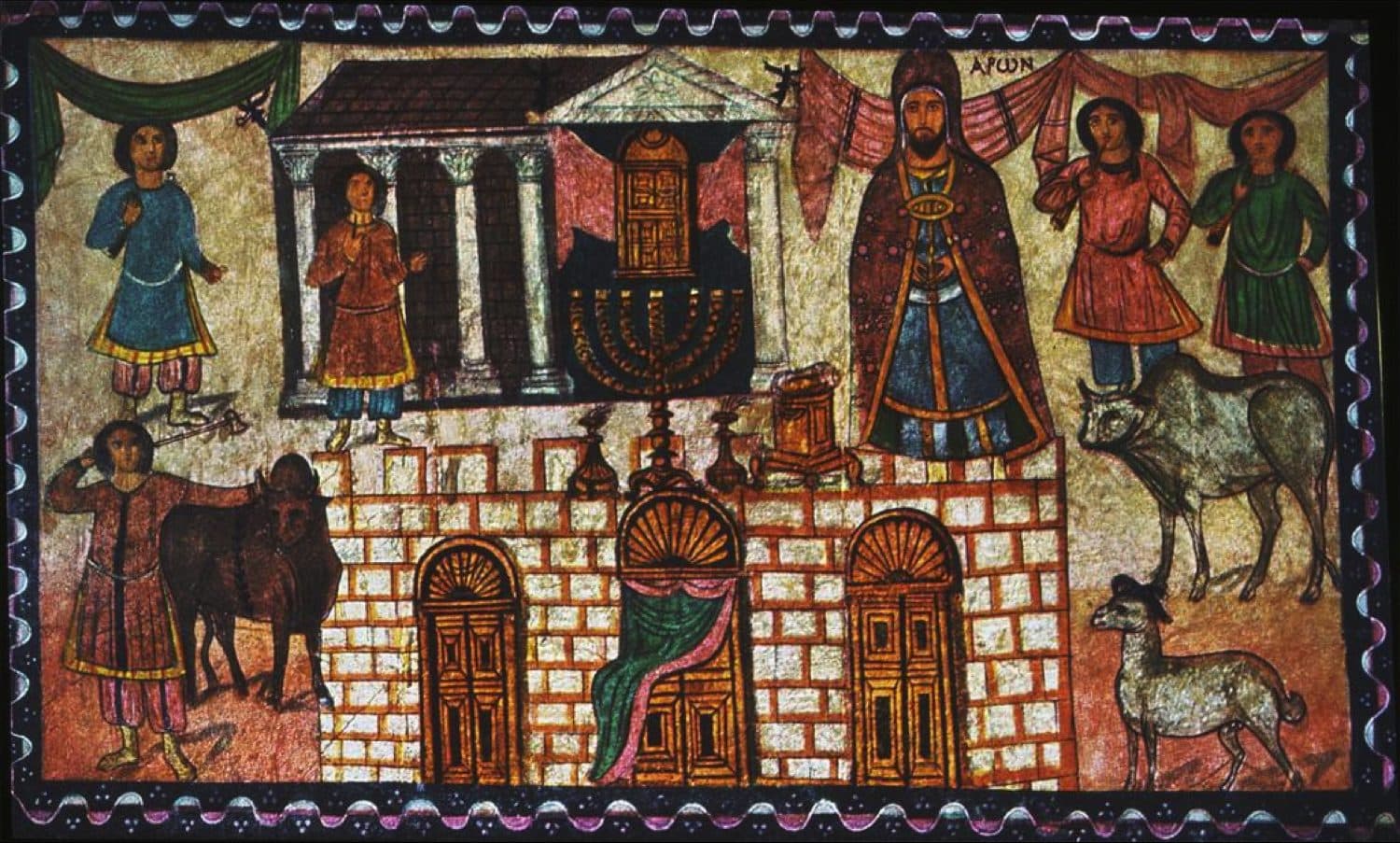 A wall painting of Aaron, named in Greek letters beside his head, standing in a dark robe beside a columned shrine with a seven-branched lampstand and a small altar, with attendants, two bulls and a ram around him, above a brick wall with three arched doors