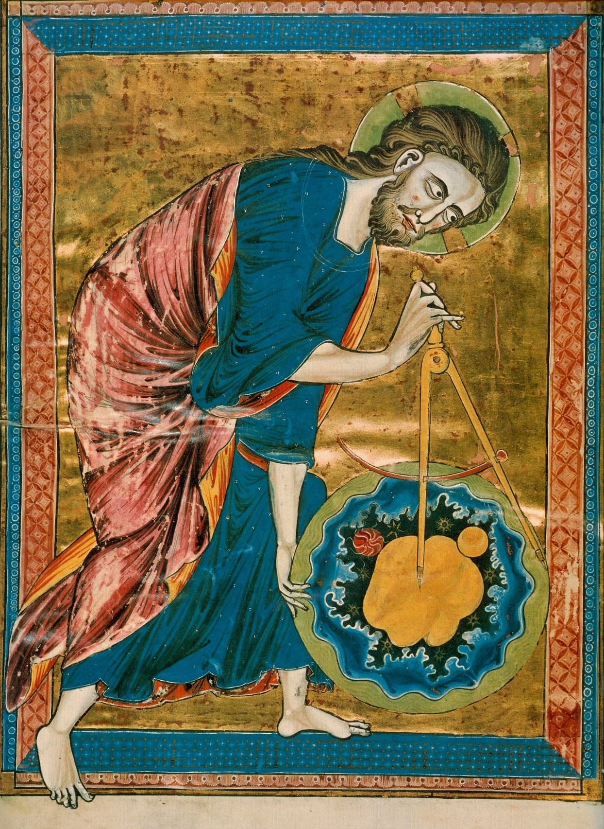 An illuminated page on a gold ground: God with a halo, in a blue robe and a rose mantle, bends over a green-rimmed circle of blue water and dark sky that holds a yellow mass, the sun, the moon and stars, and measures it with a golden compass, inside a red and blue patterned border