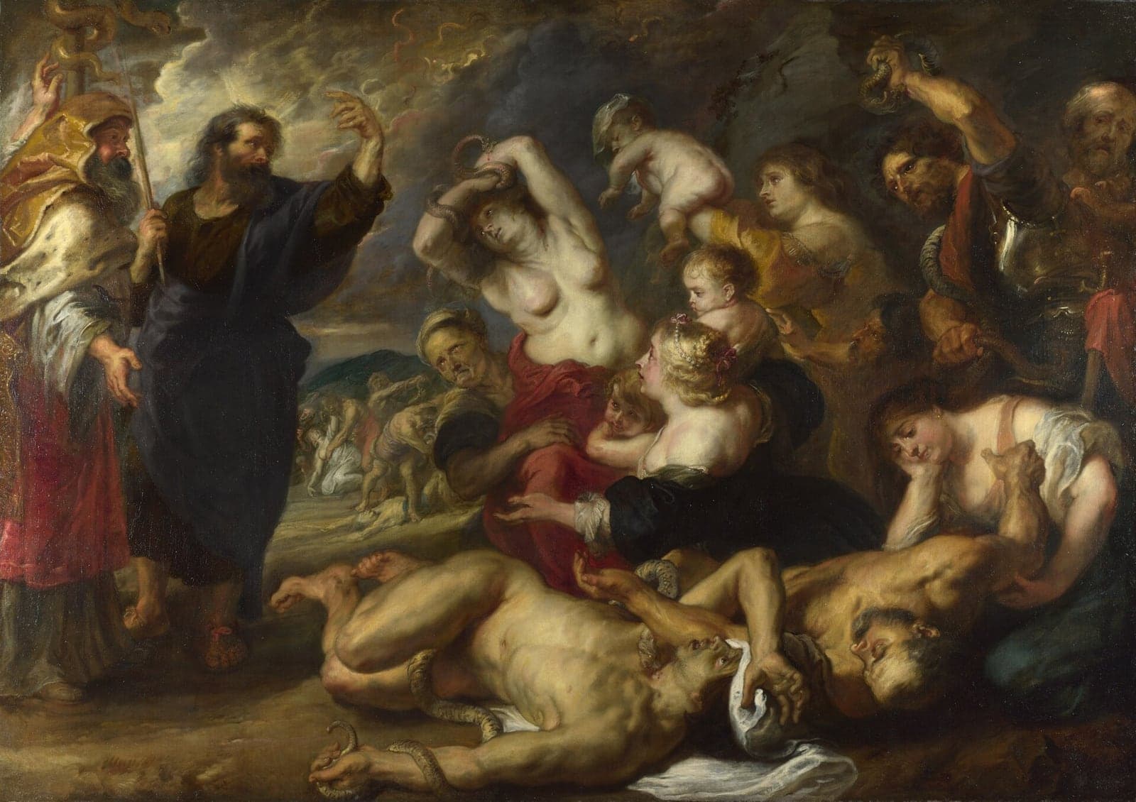 Moses in a dark robe raises his hand toward a snake coiled on a pole at the upper left, a robed priest stands beside him, and across the canvas men, women and children fall, writhe and lift their eyes while snakes coil about their arms and legs.