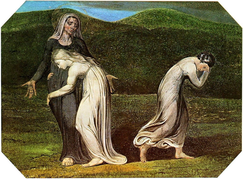 On a green hillside under a strip of blue sky, Naomi in a dark robe and pale veil stands with her hands spread open while Ruth, in a white gown, leans into her and clings to her waist. To the right Orpah walks away barefoot, her head bowed and her face hidden in her arm.
