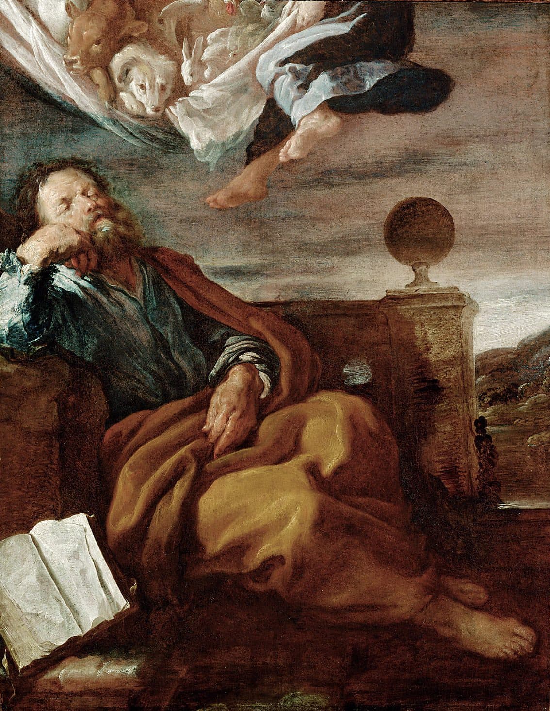 Peter asleep against a stone parapet with his head on his hand, while above him an angel bears a sheet holding a calf, a dog and a rabbit.