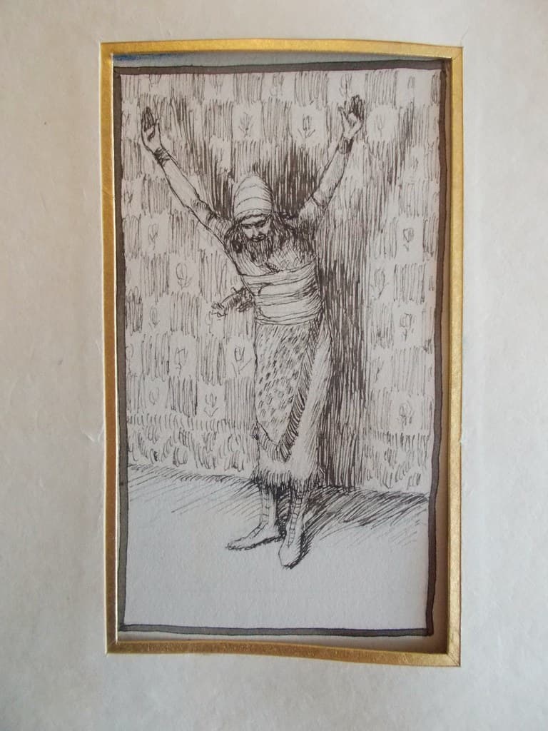 A drawing of Joshua standing alone inside a dim tent sanctuary, with light falling on him from above.