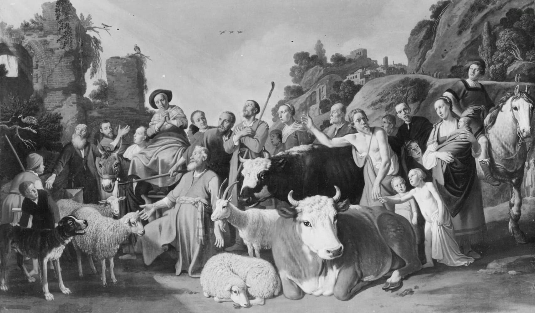 An old man kneels on a road with his arms spread and looks up, among his household and their donkey, horse, cattle, sheep, goat and dog, in a black and white photograph of the painting.