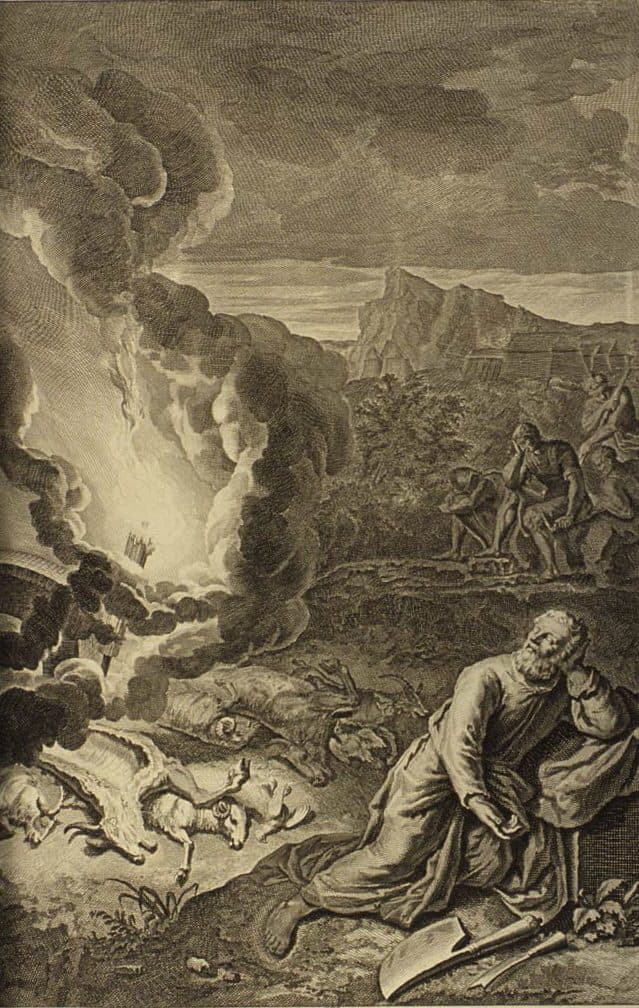 Abram sits beside the divided animals as smoke and fire rise over them.