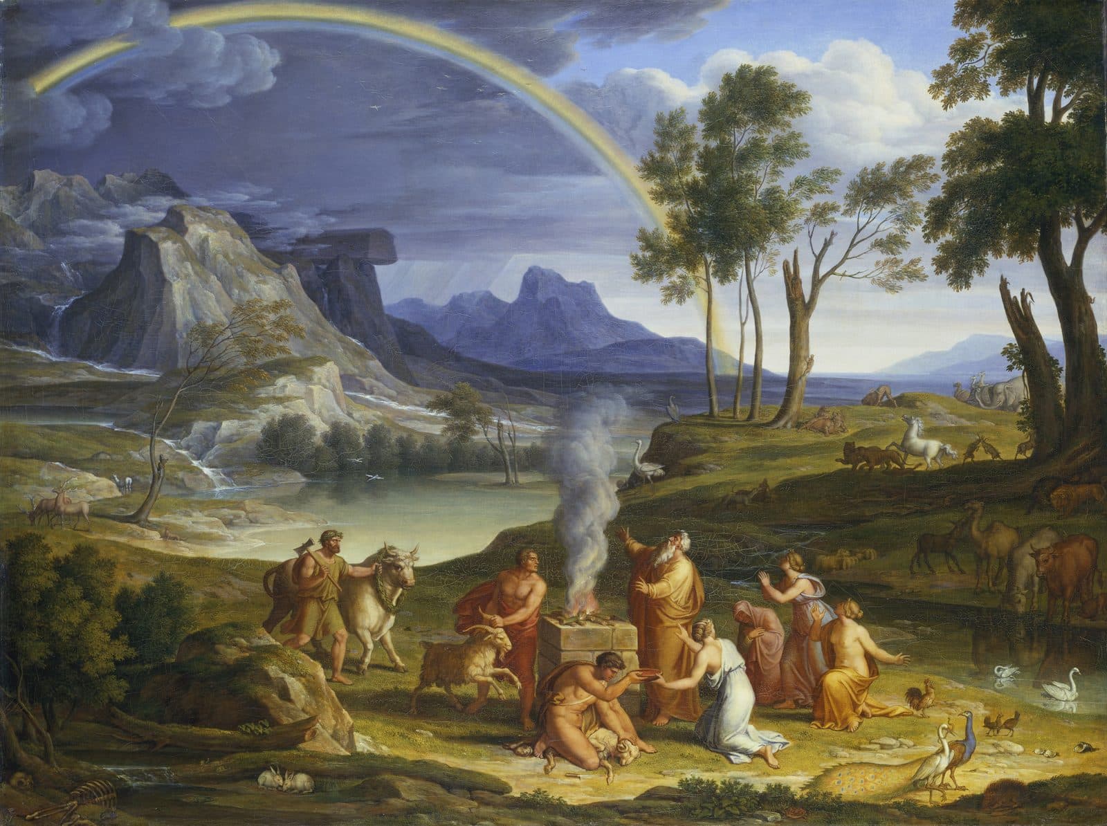 Noah and his family give thanks at an altar after the flood, in wide open country beneath the sky where God set the bow.