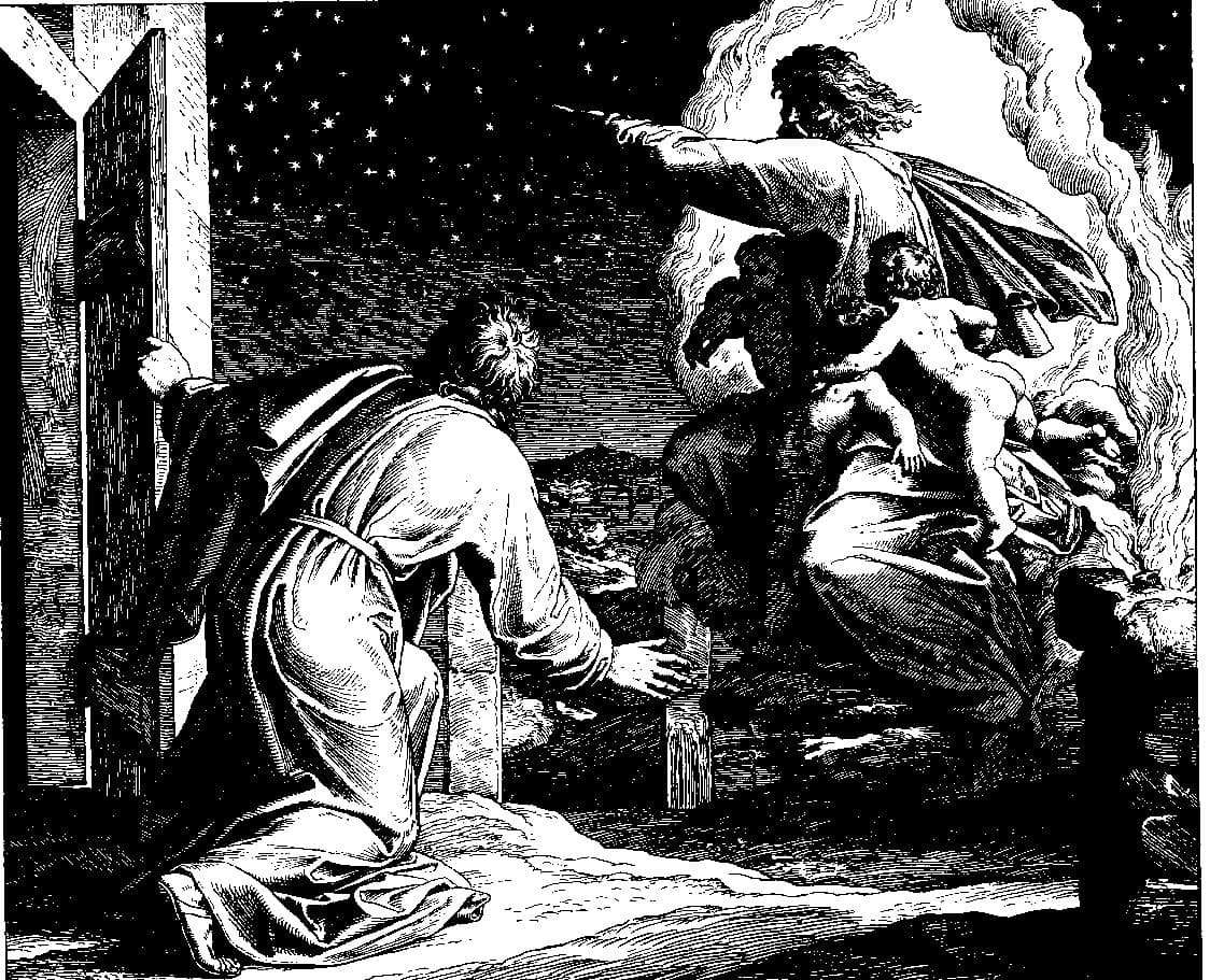 God points Abram, kneeling at night, to the stars of the sky.
