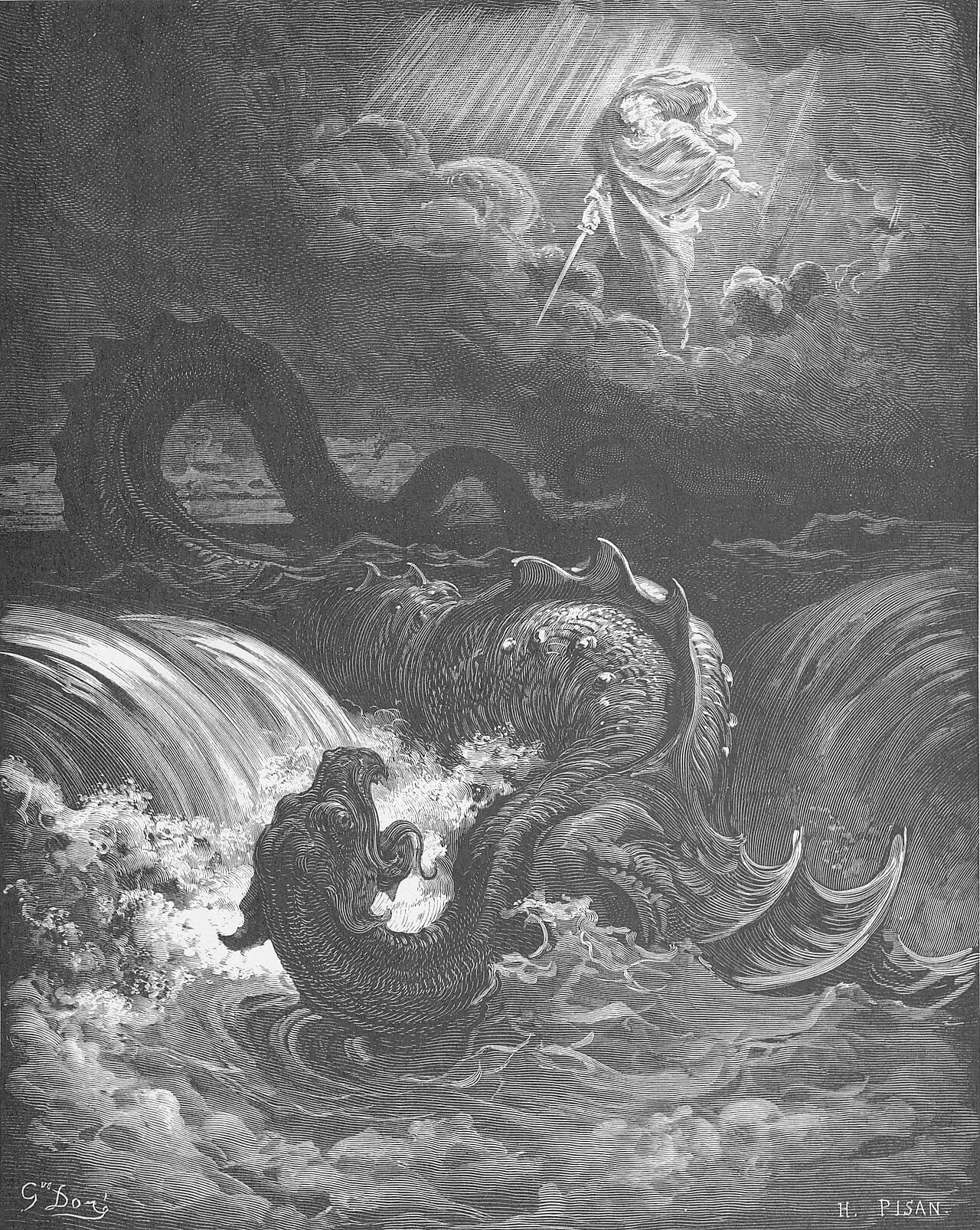 A great scaled sea serpent with its jaws open thrashes in breaking waves while another coil of its body arches across the water behind it, and above, in a shaft of light through the clouds, a robed figure points a sword down at it.