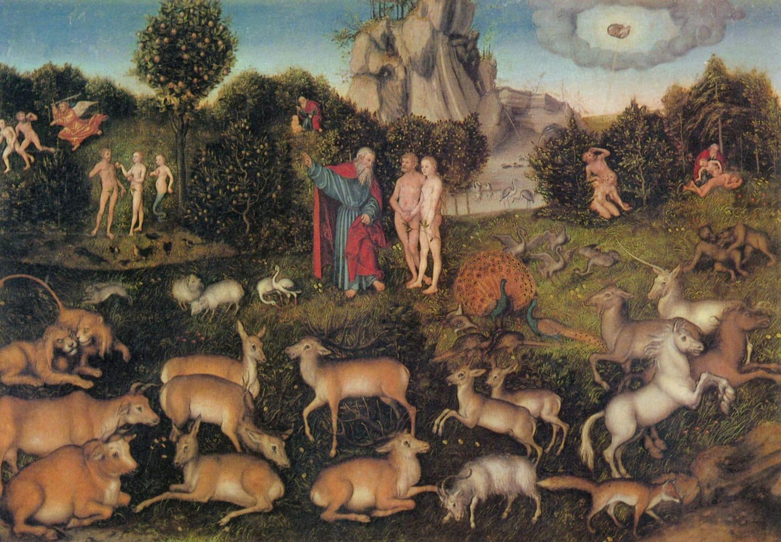 Lucas Cranach's painting of a green garden full of deer, lions, horses and birds, with God in a red robe speaking to Adam and Eve at the centre, God forming Eve from Adam's side at the right, the two at the tree at the left, and an angel with a sword driving them out at the far left