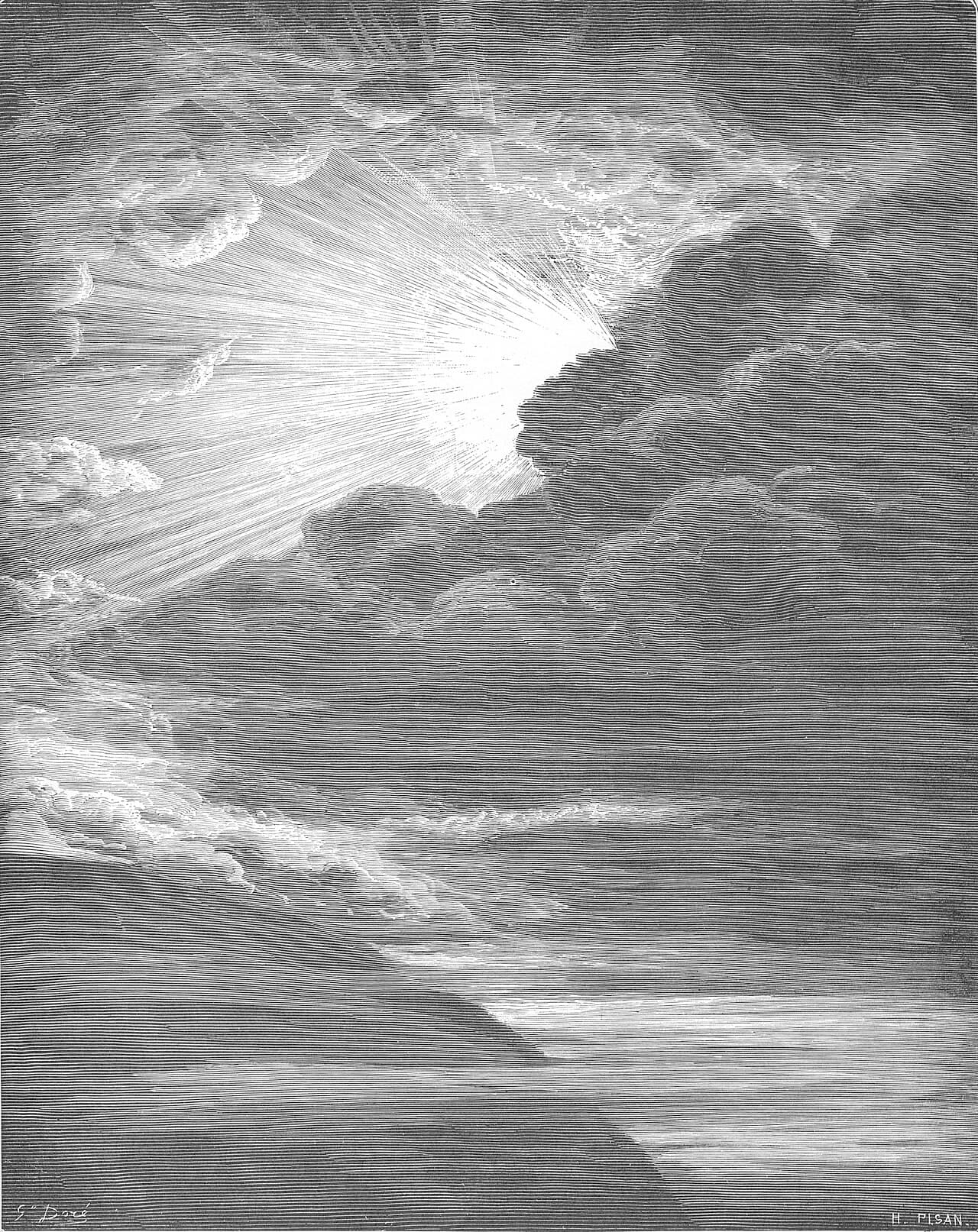 An engraving of a great burst of light breaking through dark clouds above a dim expanse of water and land.
