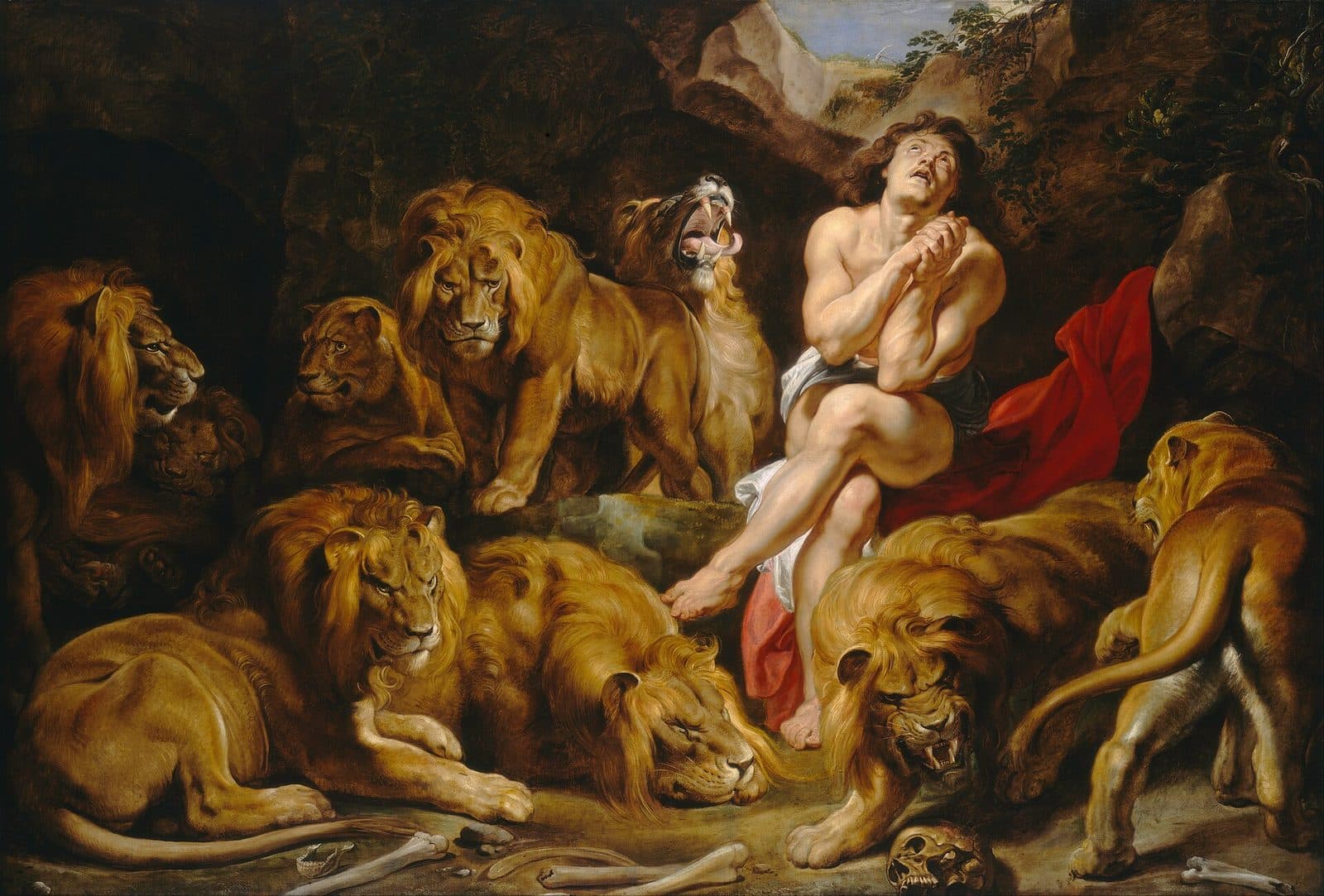 Peter Paul Rubens's painting of a young man, bare to the waist, sitting on a rock in a dark den with his hands clasped and his face turned up to a gap of sky, while lions lie, stand and snarl around him and bones and a skull lie on the ground