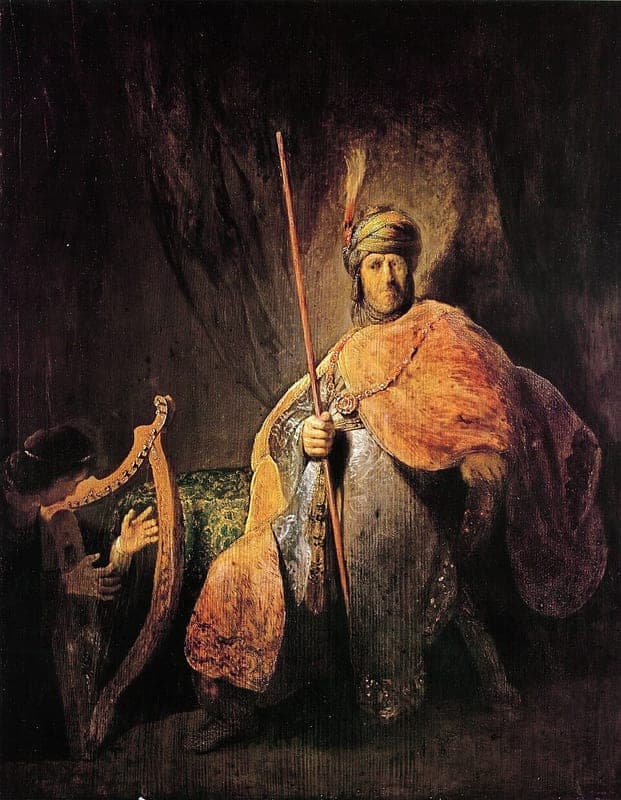 Rembrandt's painting of King Saul seated in a turban and a gold cloak, holding a long spear upright, while the young David sits in the shadow at the left playing a harp