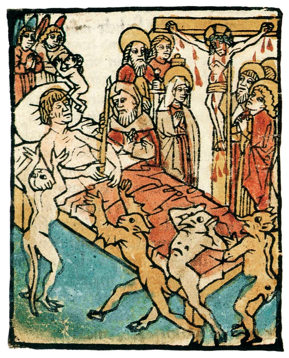 A hand-coloured woodcut of a dying man in bed, with a priest holding a candle to him, saints and Mary standing by, Christ on the cross behind them and horned demons crowding the foot of the bed.