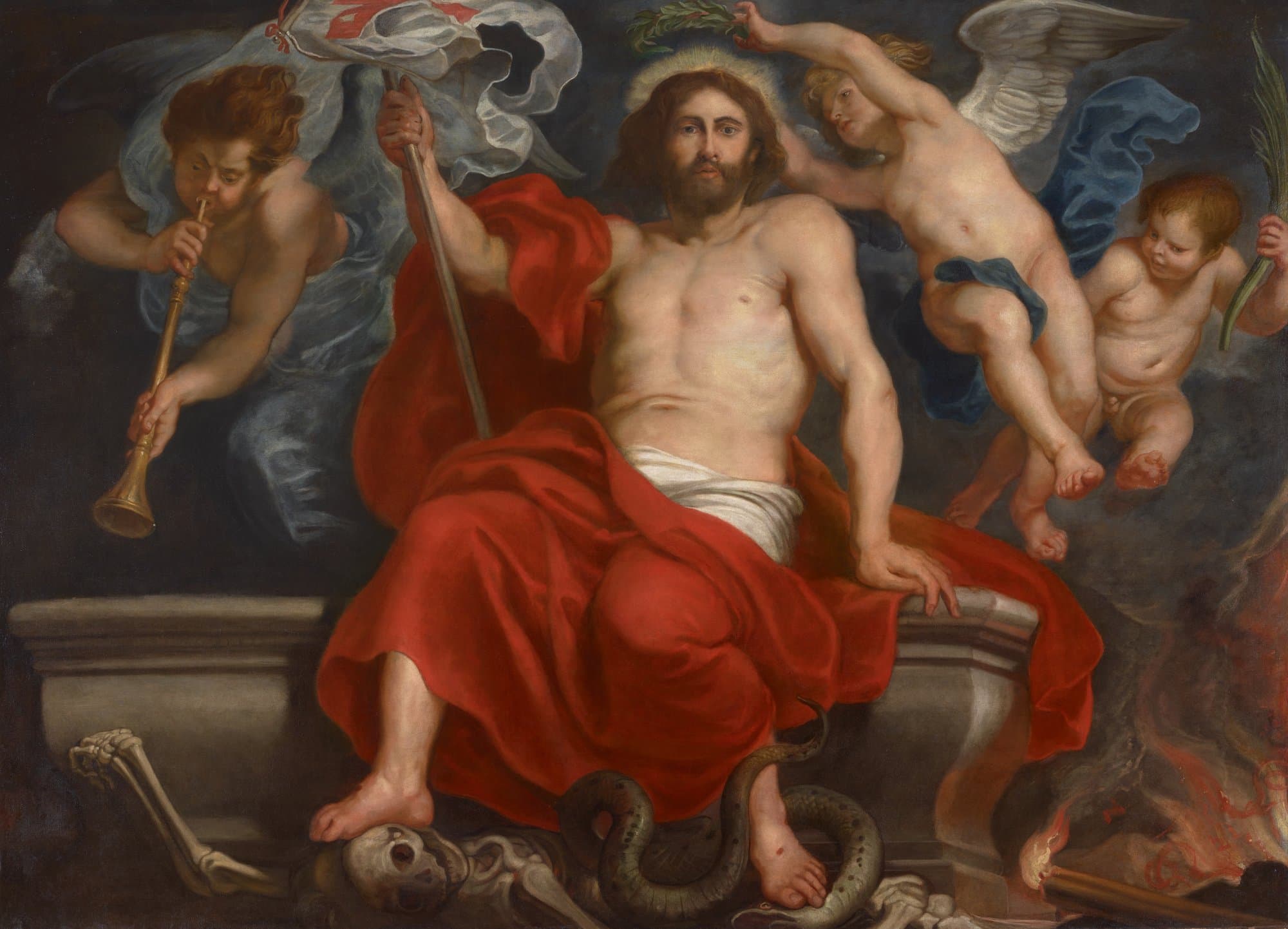 Christ in a red cloak sits on an open stone tomb, a staff in His hand and a skull and a serpent beneath His feet, while a winged child sounds a trumpet above Him.