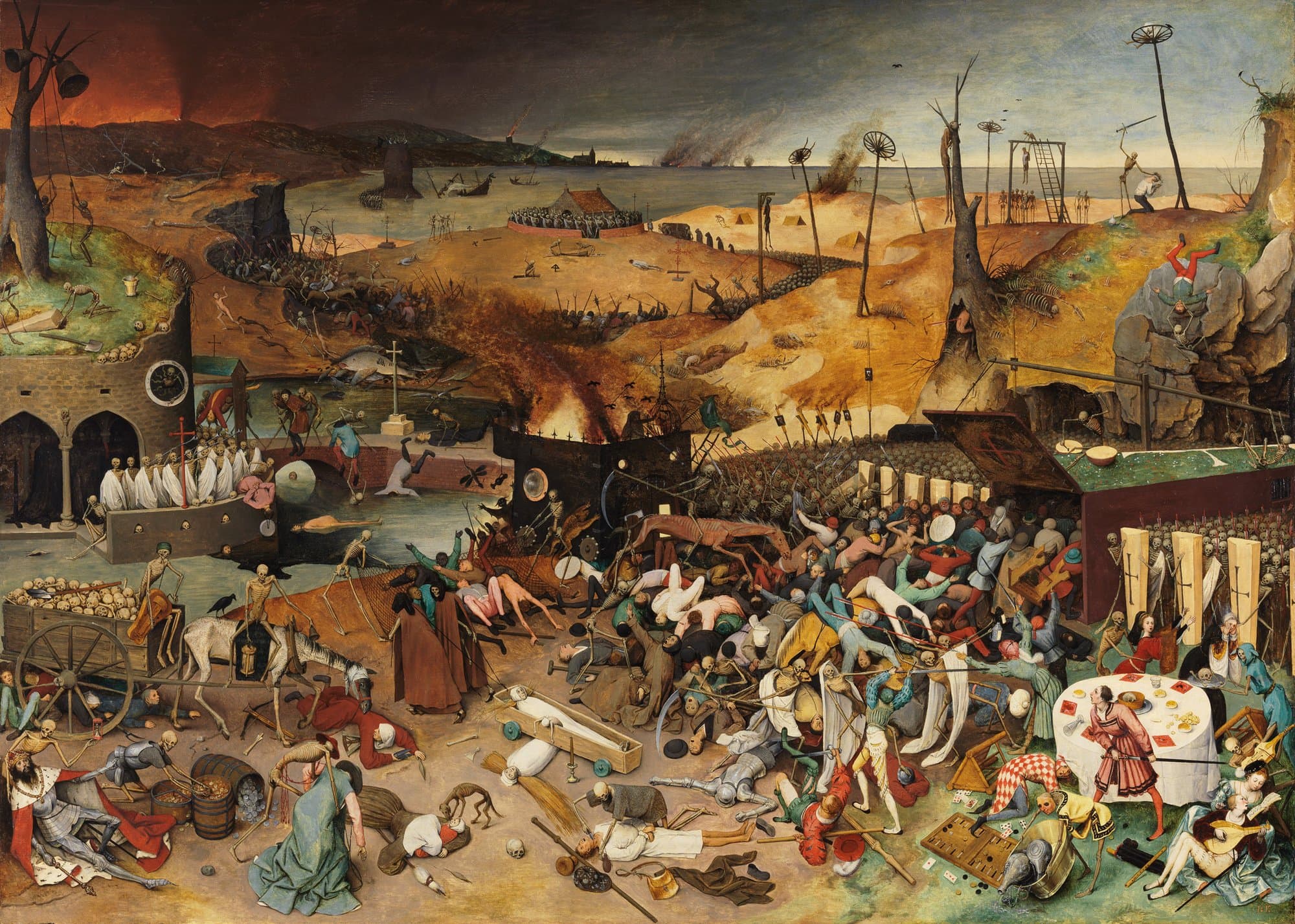 A painting of a burnt brown landscape where an army of skeletons drives crowds of people of every rank toward a great coffin-like box, while a skeleton on a thin horse swings a scythe, a king lies dying beside barrels of coins and a pair of lovers sing at a table in the corner.