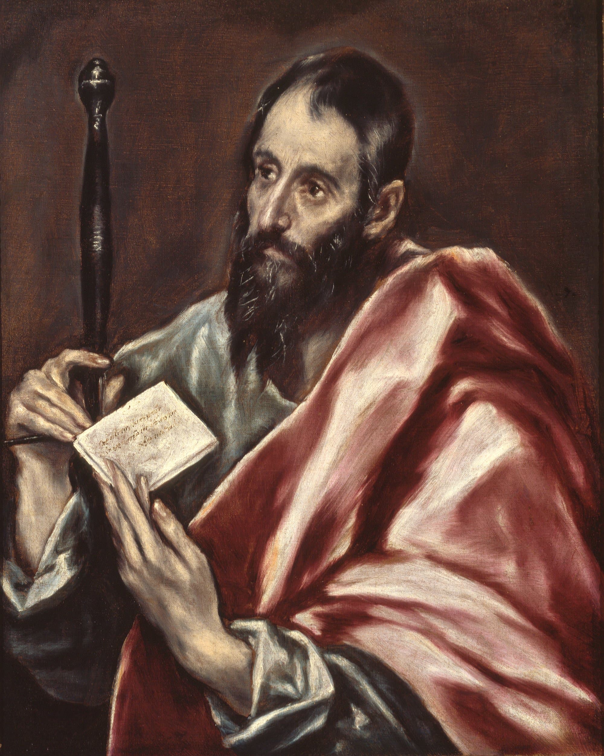 A painting of a bearded, balding man in a blue tunic and a rose-red mantle, holding the hilt of an upright sword in one hand and an open letter in the other, his eyes turned aside.