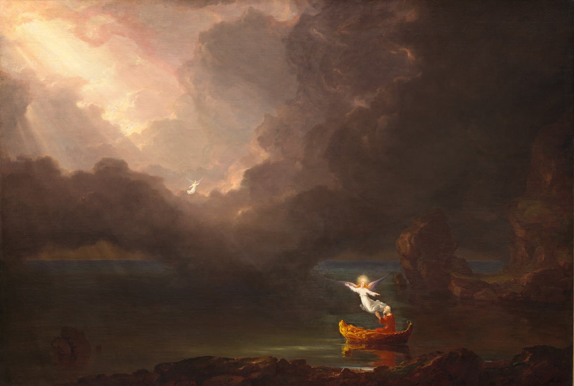 A painting of an old man in a red robe seated in a gilded boat on dark water beside rocks, his hands raised toward a haloed angel who points upward, while far above a second angel flies toward light breaking through heavy storm clouds.