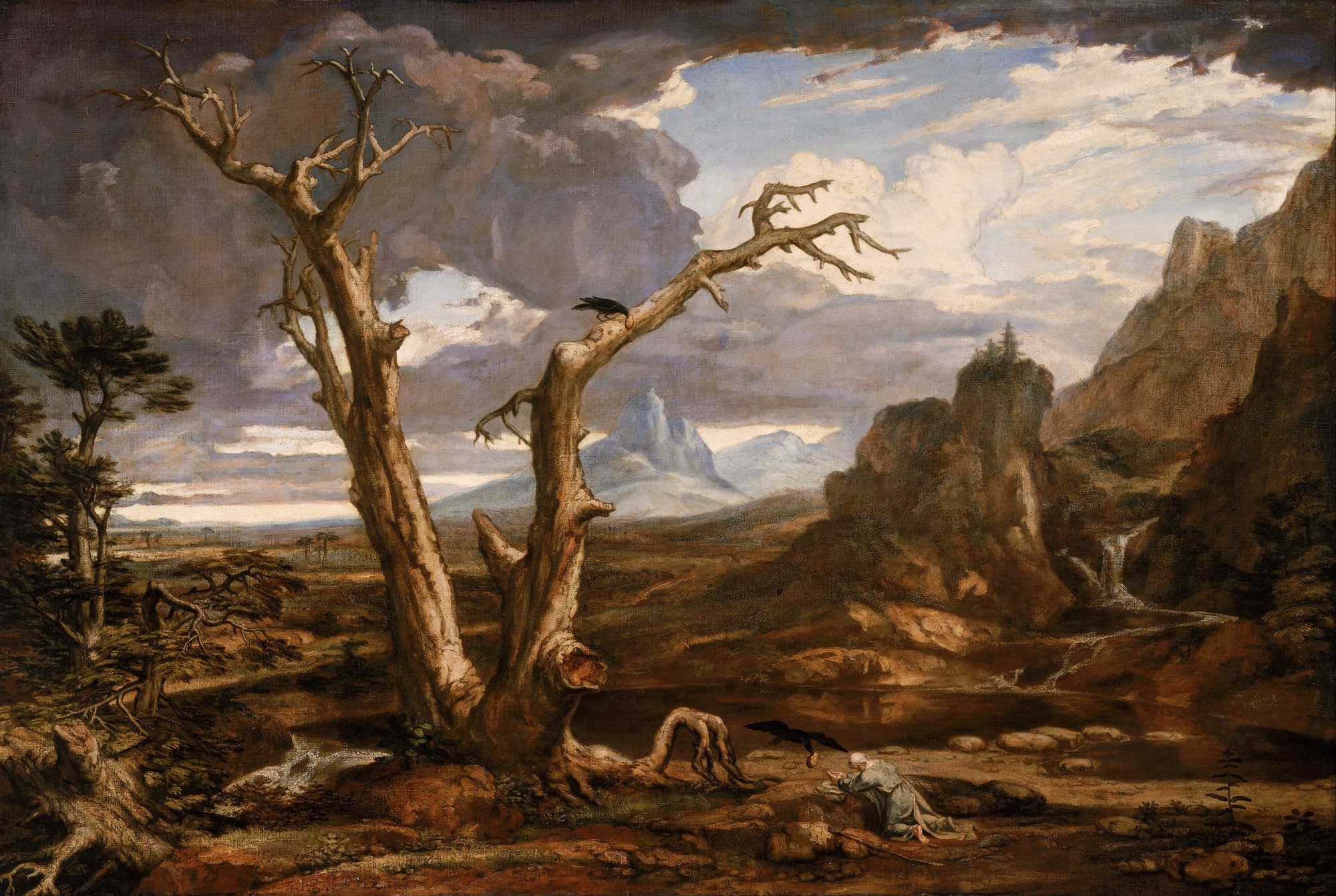 A lone prophet kneels in prayer on bare ground below a dead tree in a wide wilderness, while a raven flies down beside him under a stormy sky.