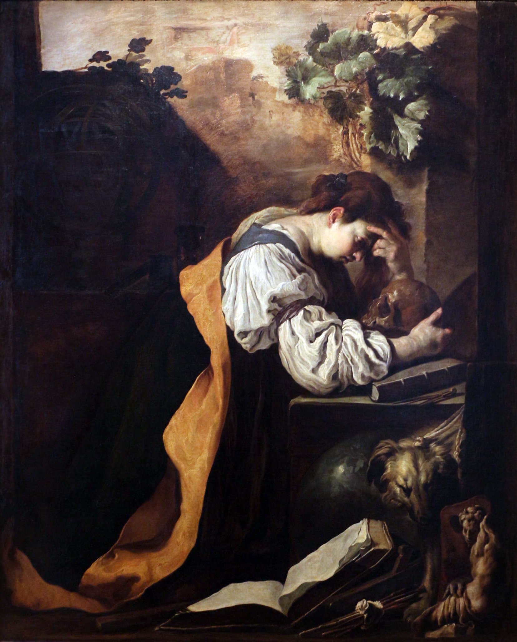 A painting of a young woman kneeling at a stone ledge with her head bowed onto her hand and her other hand resting on a skull, with books, a globe and a dog at her feet and a vine above her.