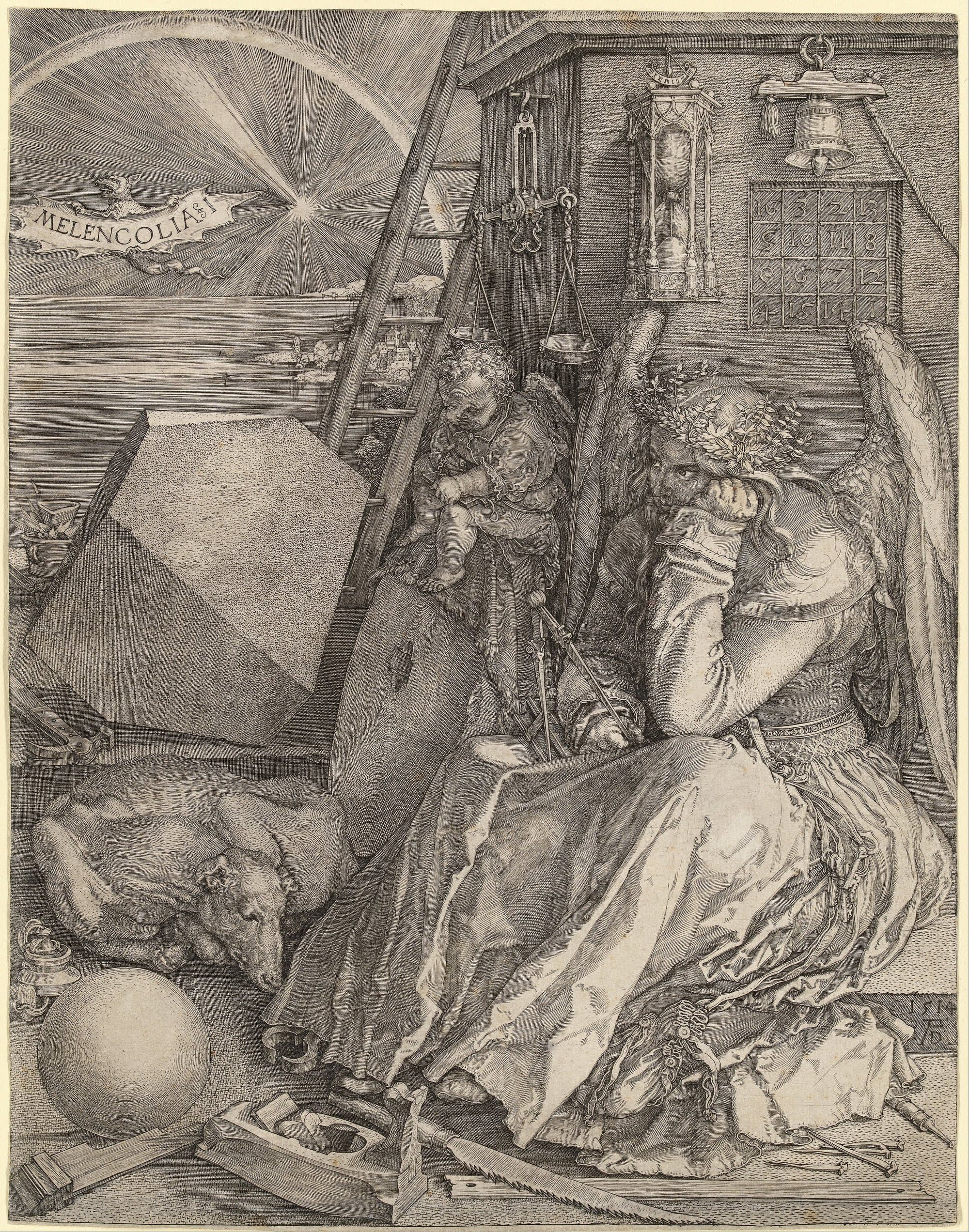 An engraving of a winged woman seated with her head propped on her fist and a compass in her hand, beside a sleeping dog, a sphere, a large stone block, a ladder, an hourglass, a bell and a square of numbers, under a banner reading Melencolia I.