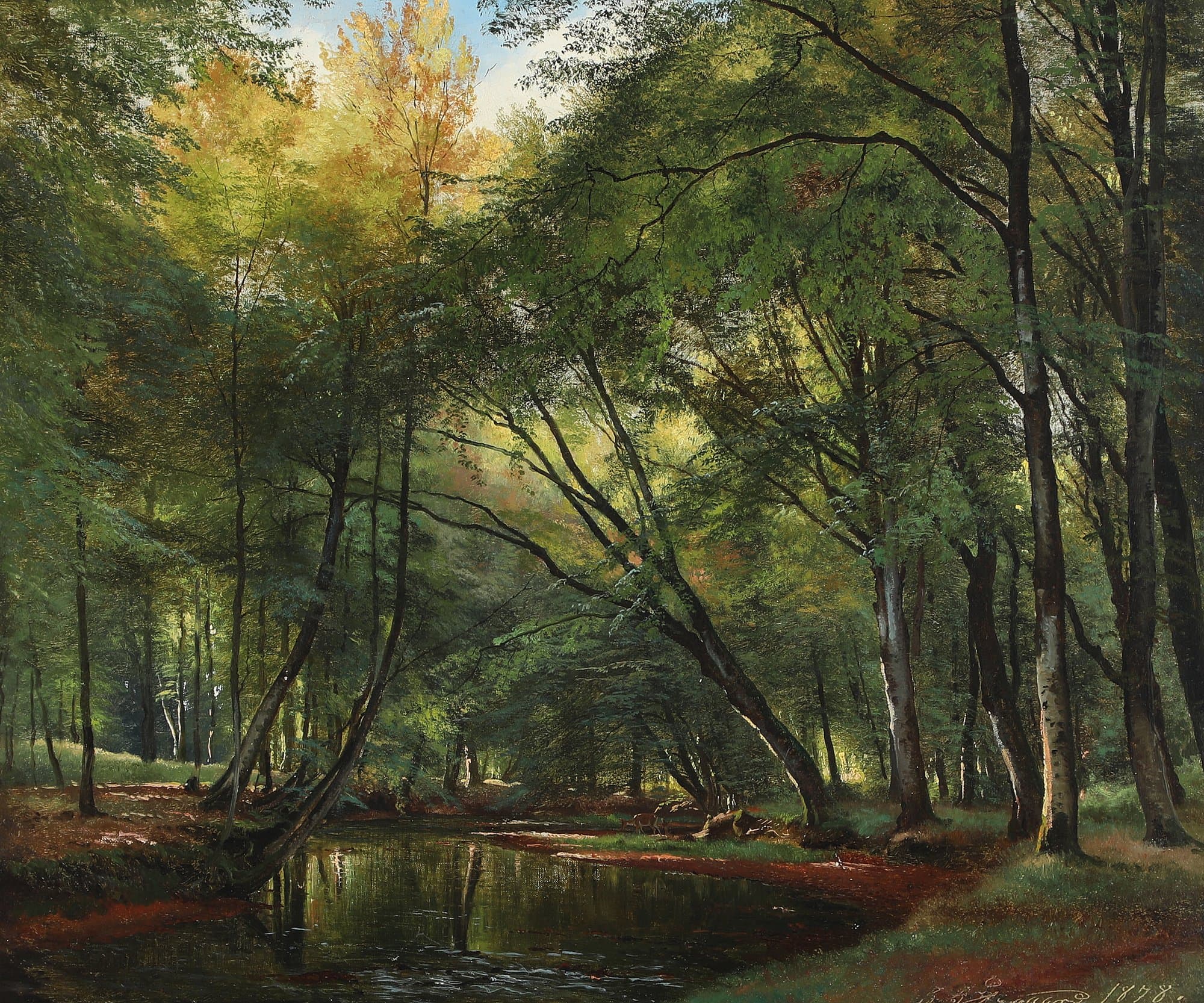 A painting of a still stream under tall beech trees in summer leaf, with sunlight in the yellow crowns, a red-brown bank of fallen leaves and, small in the middle distance, deer drinking at the water's edge.