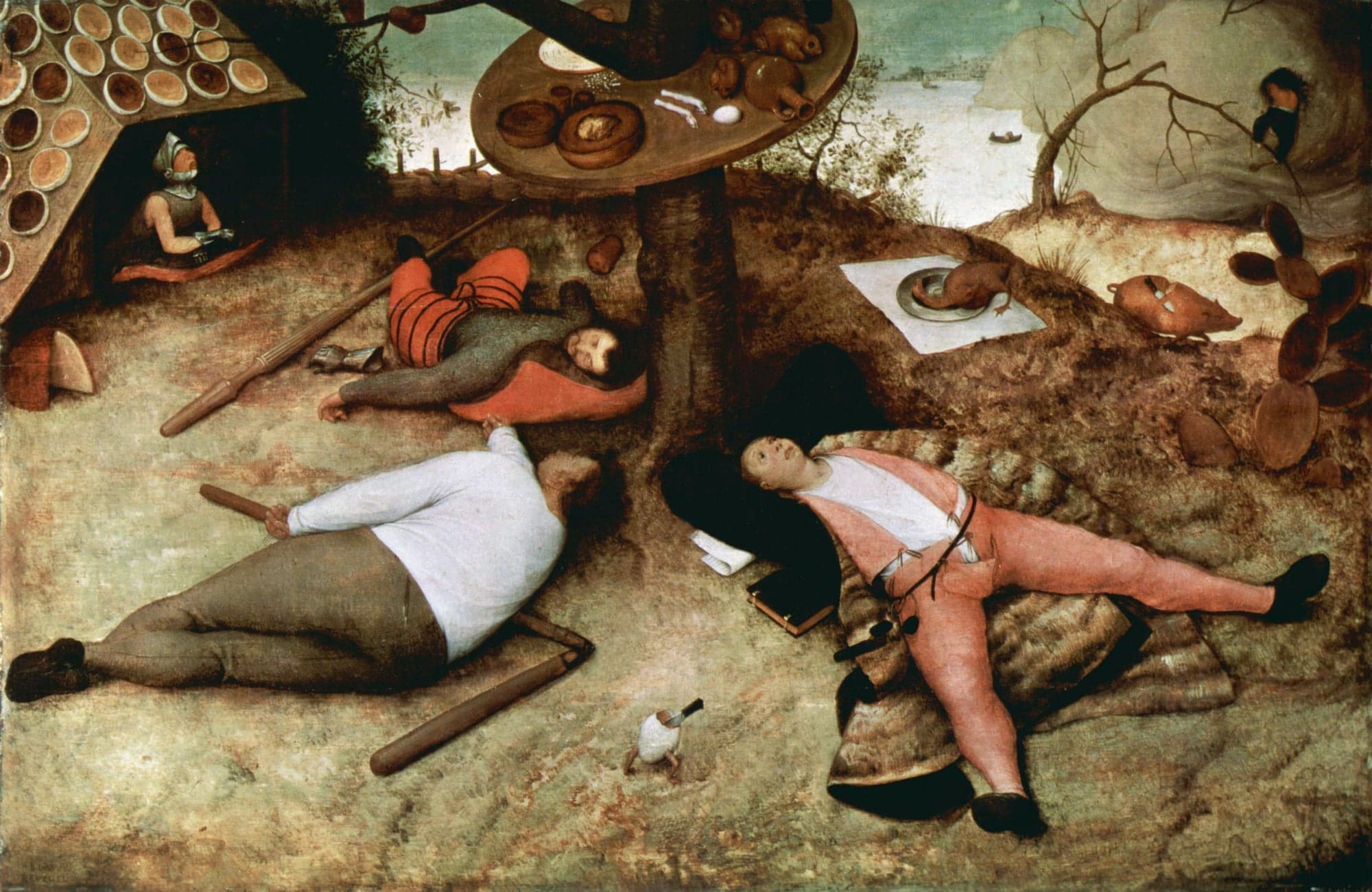 Three men lie asleep on the ground around a tree whose trunk holds up a round table laden with food: a peasant with his flail beside him, a soldier on a cushion with his lance, and a clerk on a fur coat with his book and papers. A roof tiled with pies stands at the left, a roast bird lies on a dish, and a pig with a knife in its side and an egg on legs walk past.