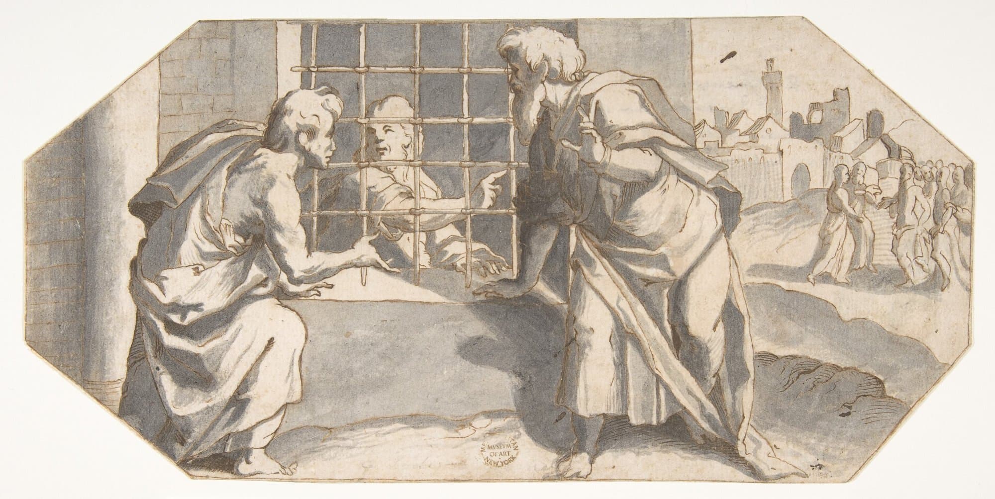 An ink and wash drawing in an eight-sided frame of John the Baptist behind the bars of a prison window, pointing as he speaks to two bearded men who lean toward the bars, with a walled town and a crowd of figures on the right.