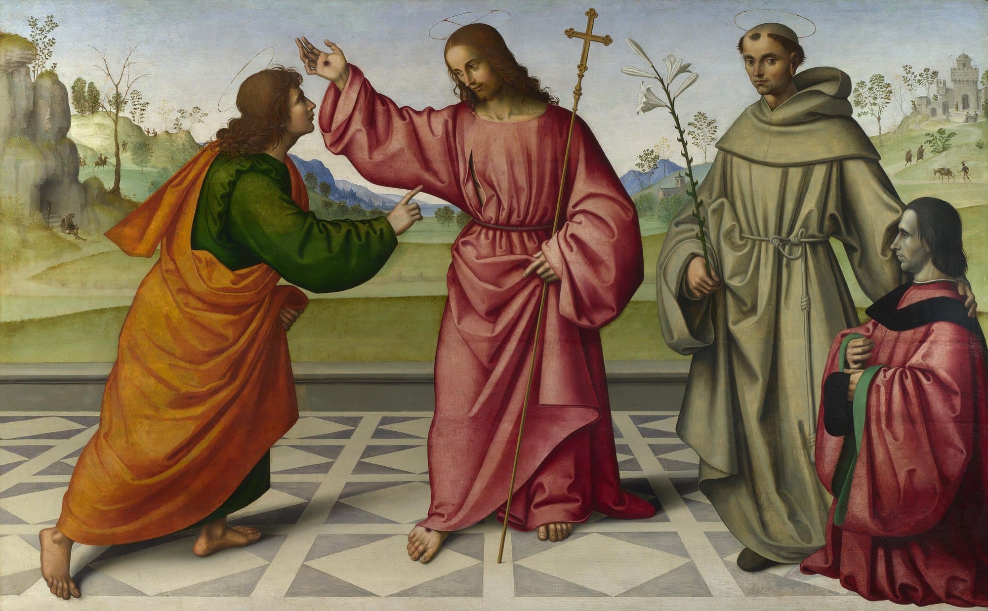 The risen Christ in a red robe raises His wounded hand and holds a staff topped with a cross, while Thomas in green and orange leans toward Him and points at the wound in His side; a friar holding a lily and a kneeling man in red stand at the right, with hills and a town behind.