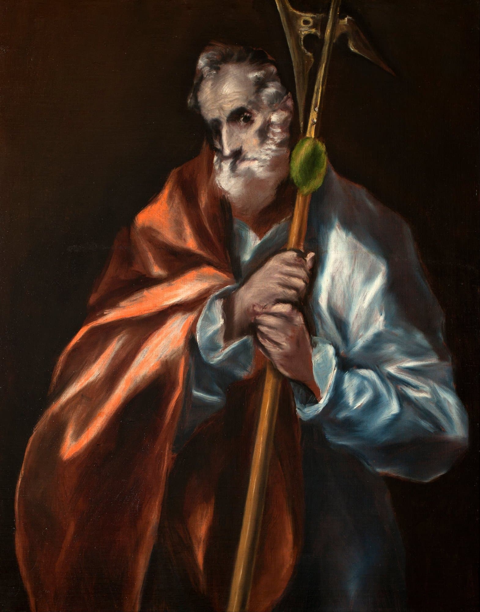 A painting of a grey-bearded old man in a pale blue robe and an orange-red cloak against a dark ground, his head bowed to one side and both hands clasped around the shaft of a tall halberd.