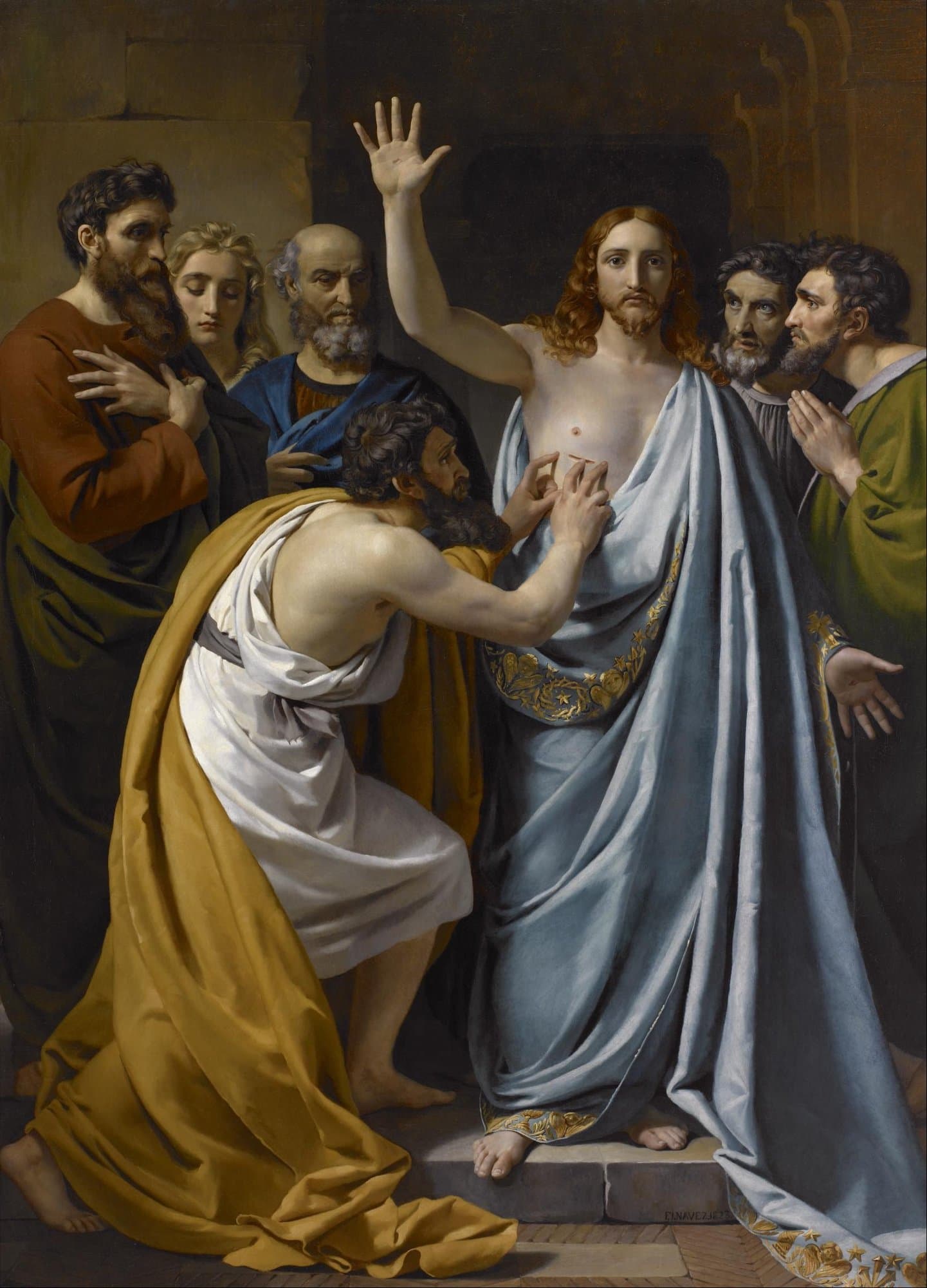 A painting of the risen Christ in a pale blue mantle with one hand raised, while Thomas, kneeling in a white tunic and a gold cloak, touches the wound in His side and five other apostles look on.