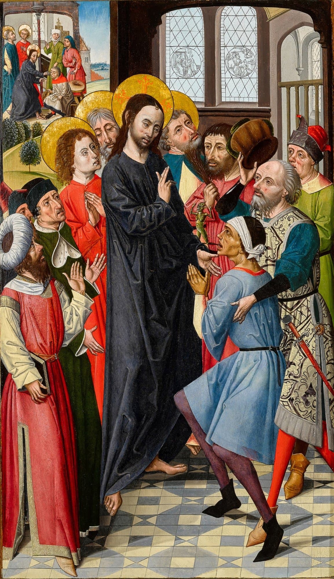 Jesus in a dark robe stands in a tiled hall and lifts His hand over a kneeling youth in a blue tunic, from whose mouth a small green demon leaves, while an older man holds the youth and disciples and onlookers crowd around; at the upper left Jesus heals a blind man in a field.