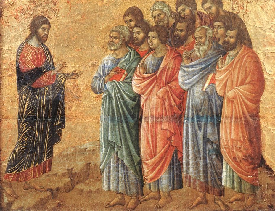 A painted panel on a gold ground of Christ in a dark blue robe standing on rocky ground at the left with His hand held out, facing eleven apostles in green, red, blue and orange robes crowded together at the right.