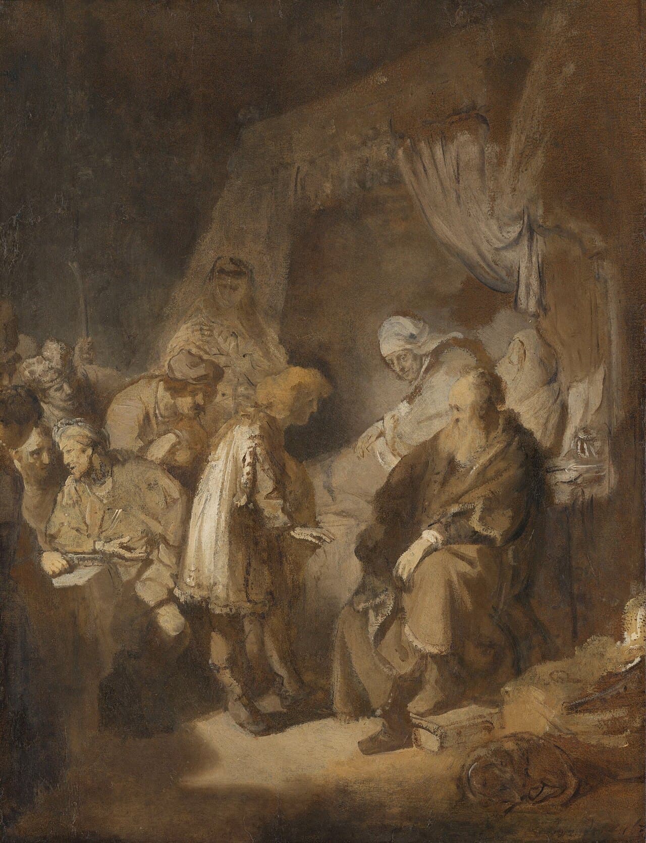 In a dim room a boy in a pale tunic stands in a pool of light and speaks to an old bearded man seated in a chair before a curtained bed, a woman raises herself on the bed behind the old man to listen, and on the left a crowd of young men lean together and talk, one holding a paper, while a dog sleeps curled up in the right corner