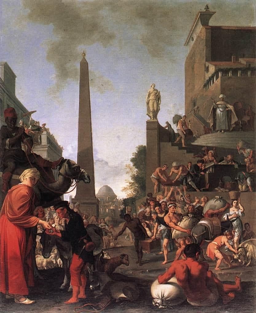 A robed official stands at the top of a stone stairway beside a granary while men carry sacks of grain down the steps to a crowd. An obelisk and a domed city rise behind them, and in the foreground a woman in red holds out her hand to a boy beside a camel and a donkey.