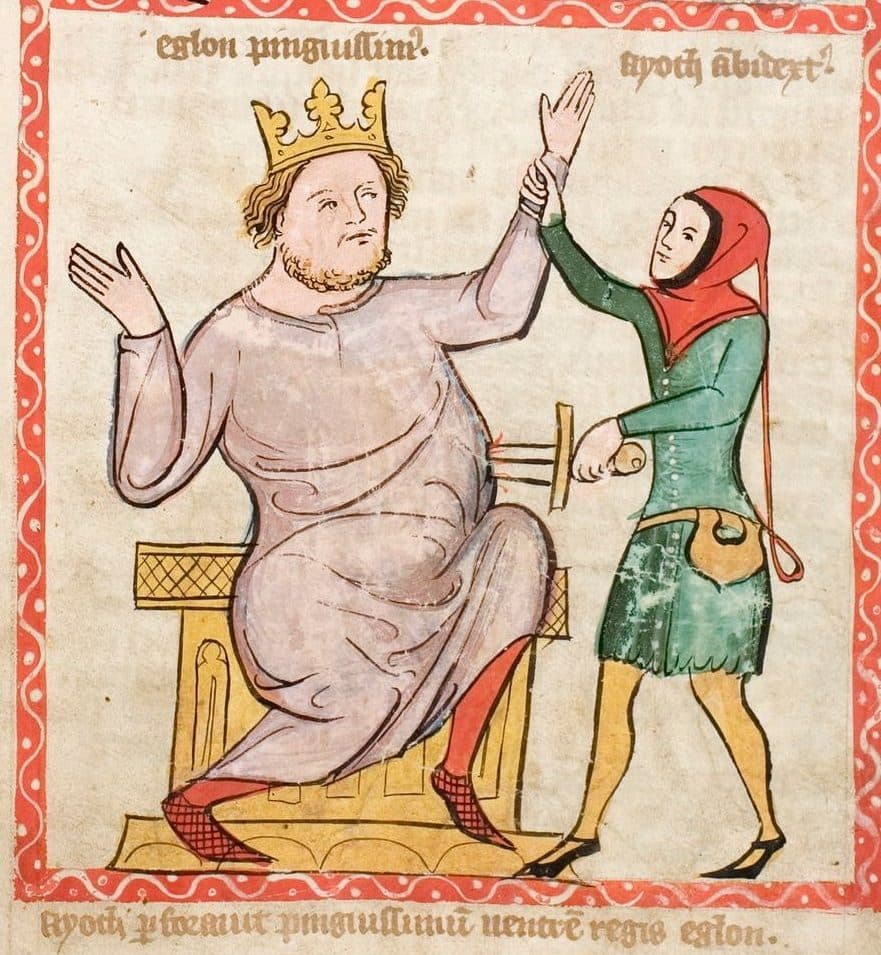 A medieval miniature: a stout crowned king on a gold bench raises his hands as a young man in a green tunic and red hood drives a short sword into his belly.