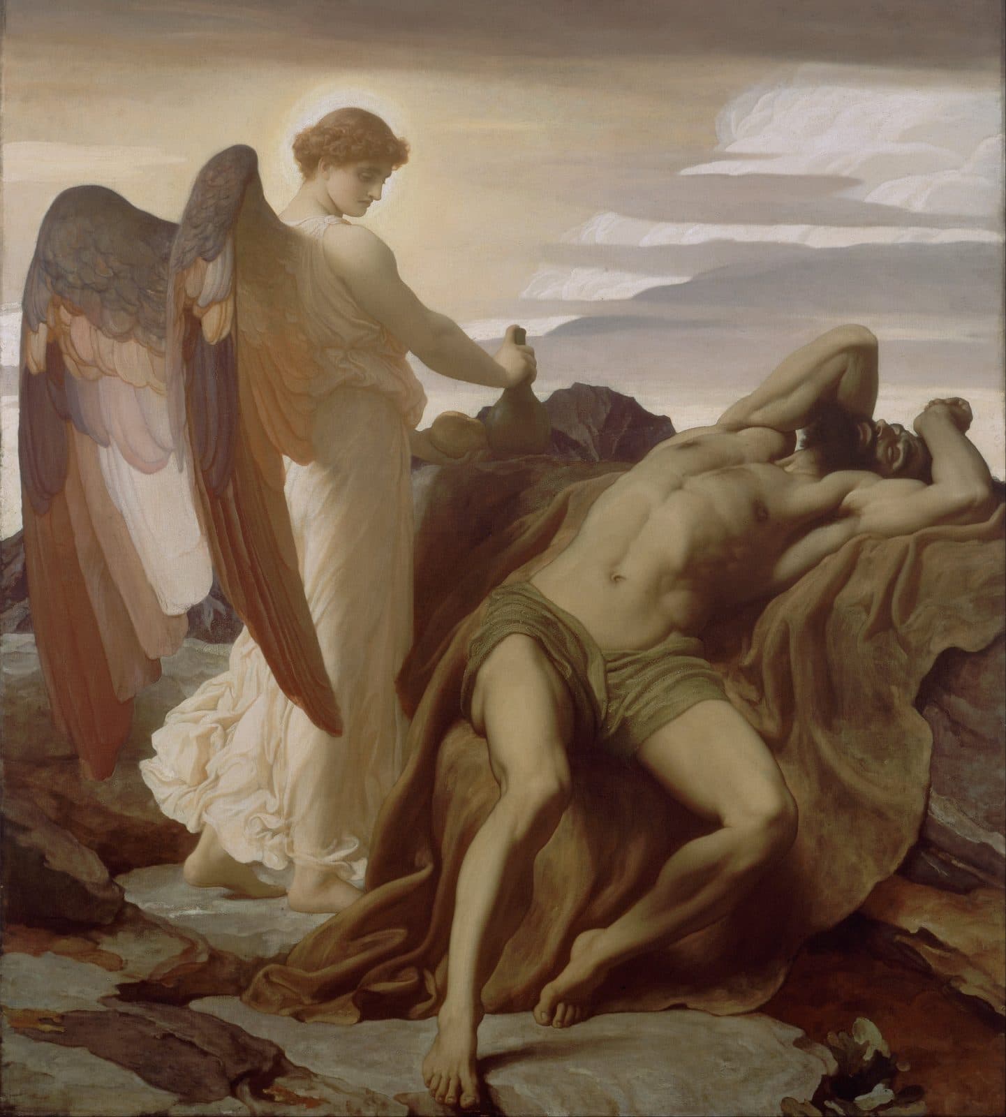 Frederic Leighton's painting of Elijah asleep on a cloak spread over the rocks, his arms over his face, while a winged angel stands over him holding a jar of water beside a loaf of bread