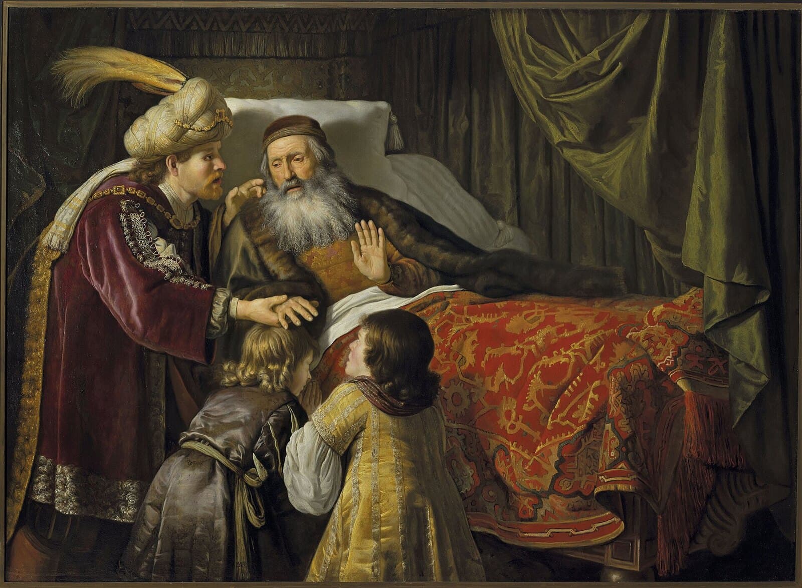An old bearded man propped up in a curtained bed raises his left hand while a man in a plumed turban takes hold of his right hand above the head of a fair-haired boy kneeling at the bedside, and a second boy in a yellow coat kneels beside him