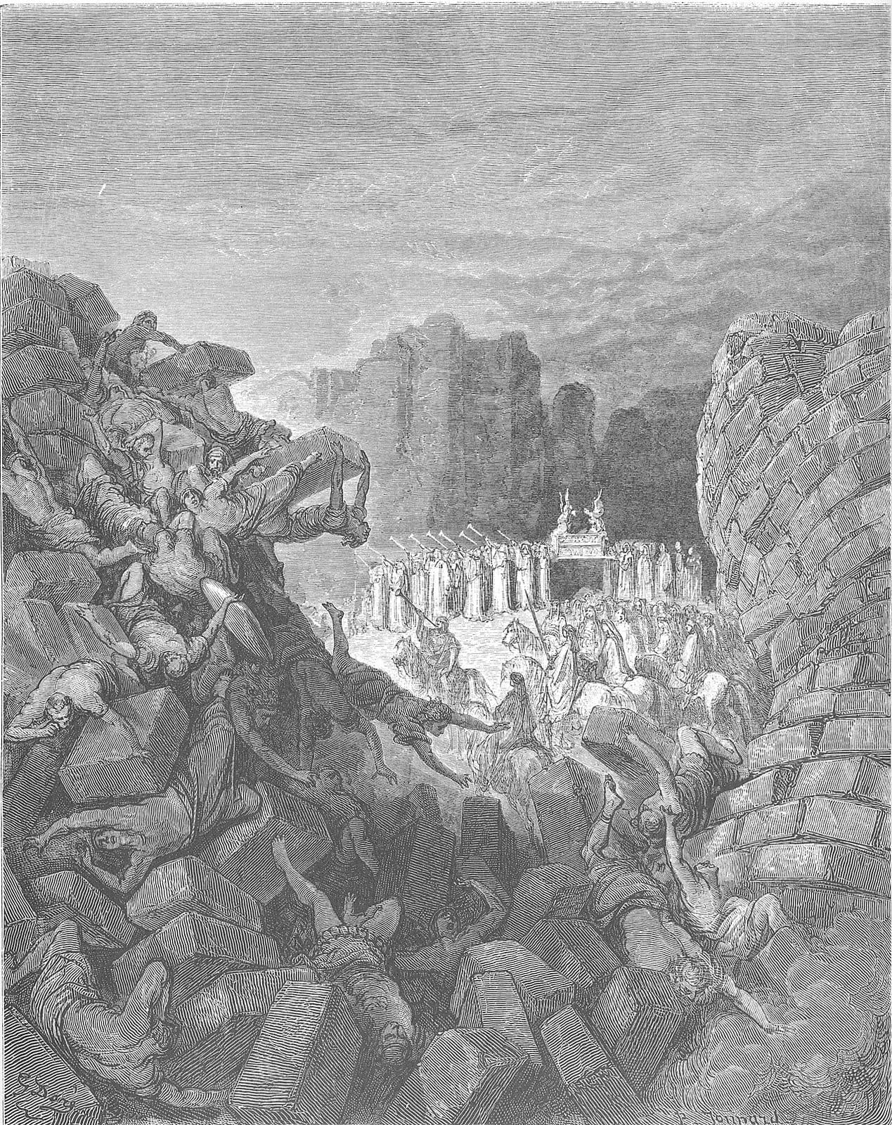 The wall of Jericho breaks apart and falls as a crowd scatters beneath it
