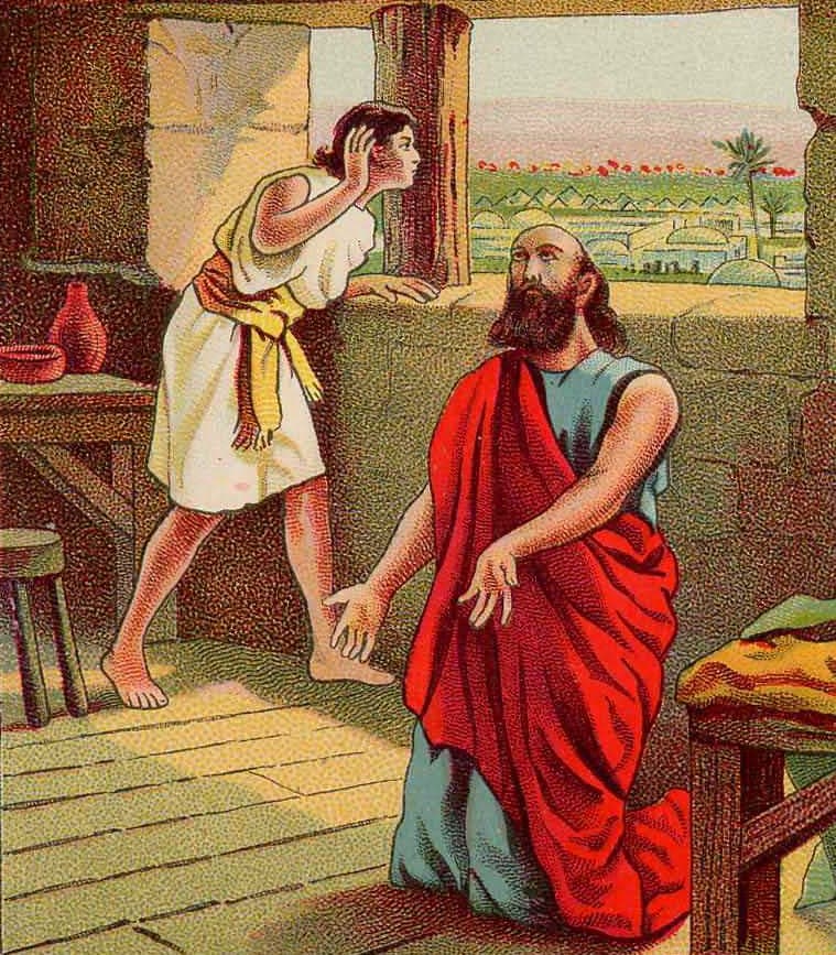A colour print of a bald, bearded prophet in a red cloak kneeling on a stone floor with his hands open, while a barefoot young man in a white tunic leans out of a window behind him, a hand cupped to his ear, above a town of domed houses and palm trees.