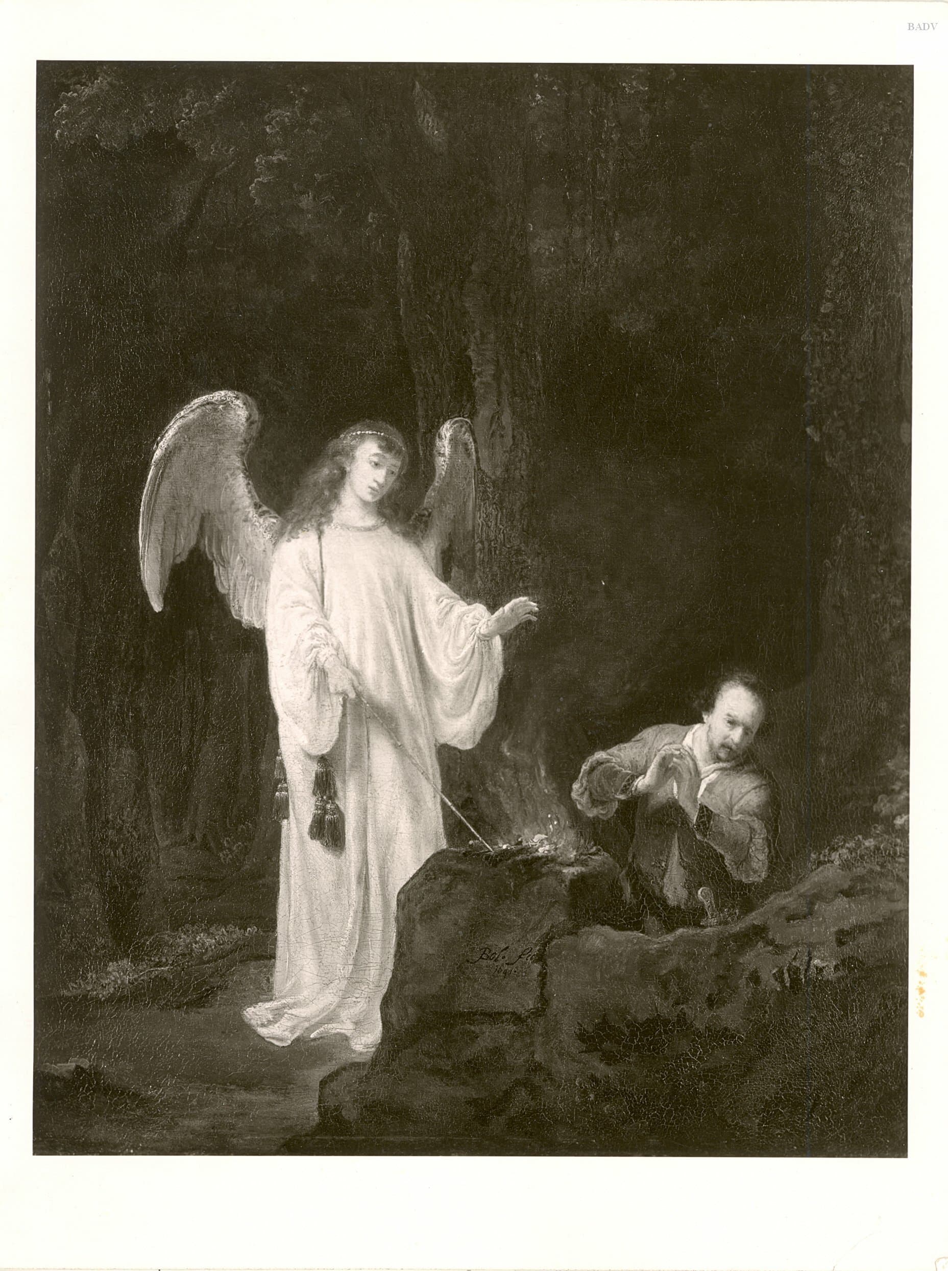 A black and white photograph of a painting in which a winged angel in a long white robe touches a fire burning on a rock with the tip of a staff, while a man kneels behind the rock with his hands raised, in a dark wood.