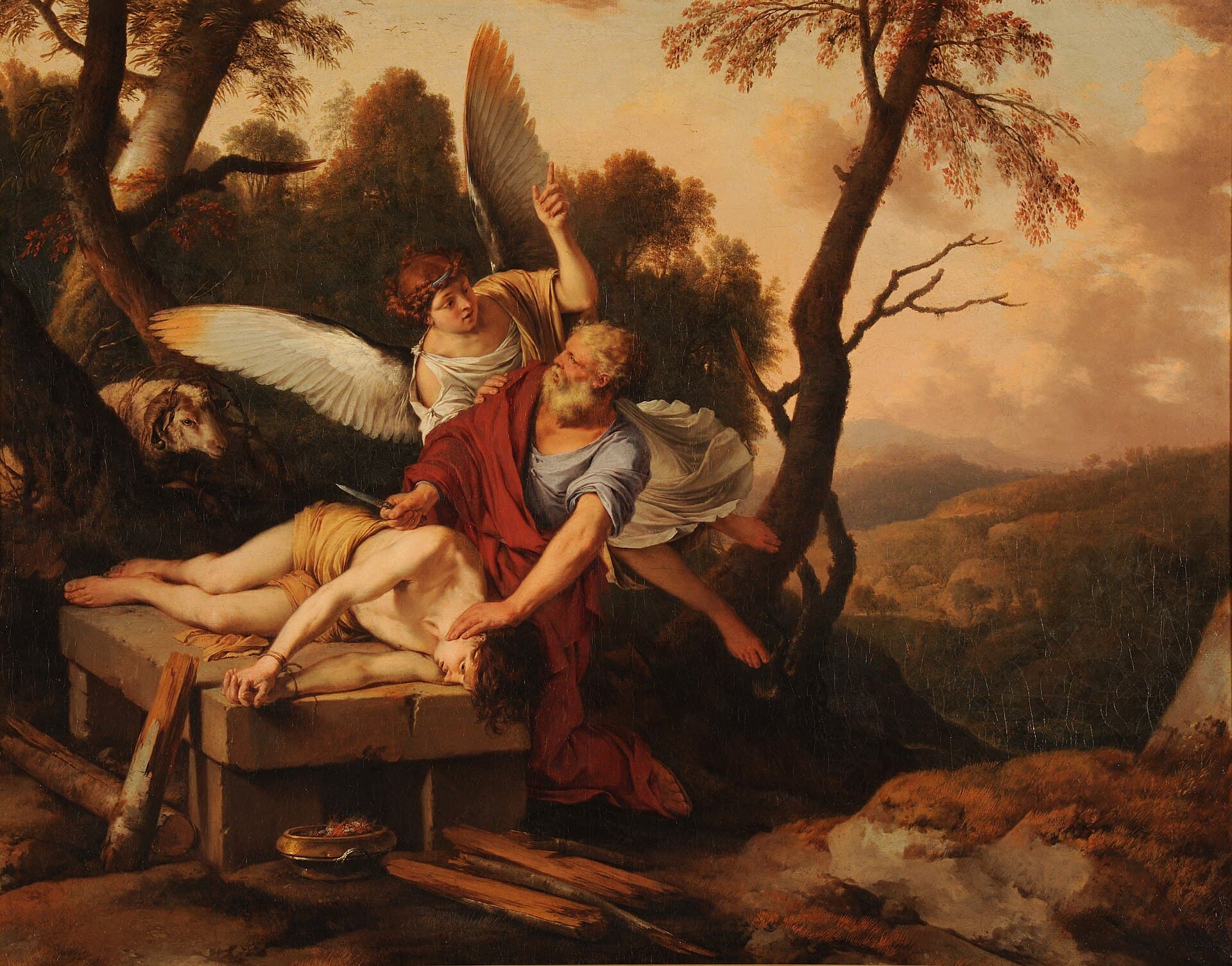 A painting of an angel catching the raised arm of the old man Abraham as he holds a knife over his son Isaac, who lies bound on a stone altar, while a ram waits in the thicket.