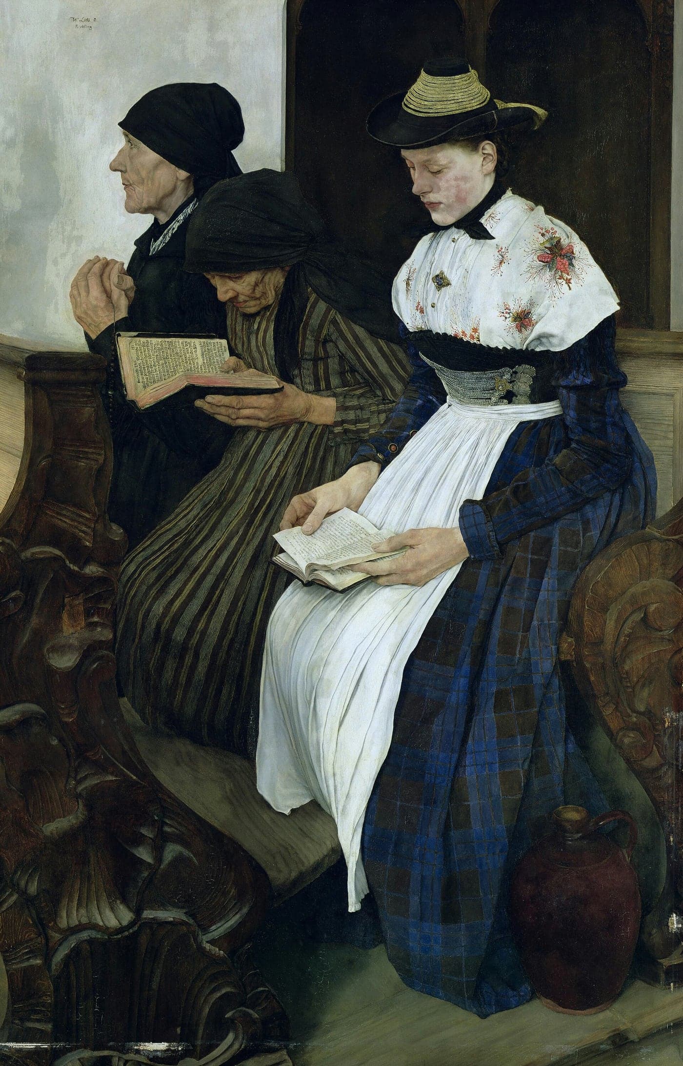 A painting of three women of a Bavarian village seated in a carved church pew, an old woman with her hands folded in prayer and two others reading their prayer books.