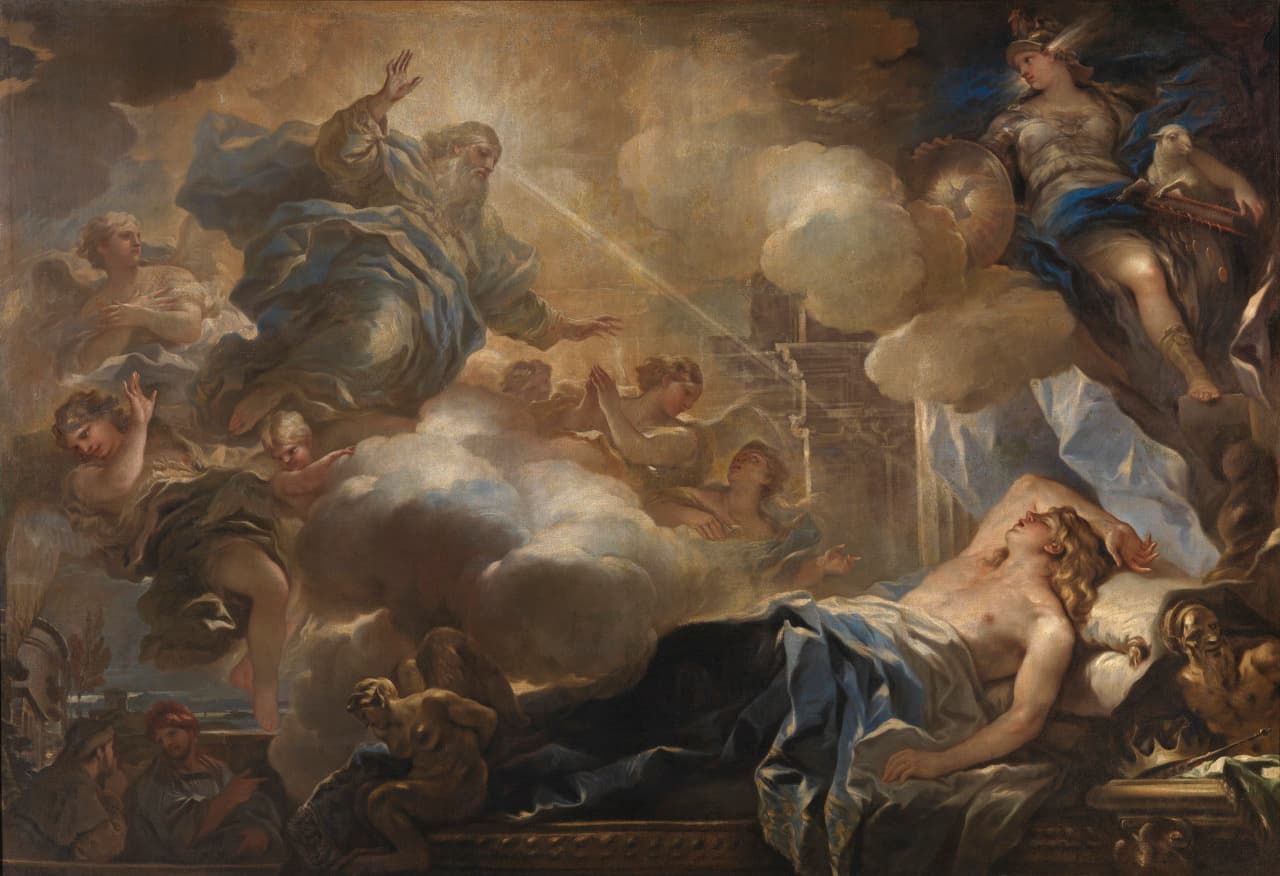 A painting of the young King Solomon asleep on a couch while God appears above him in the clouds among angels, a beam of light falling from His hand toward the sleeper.